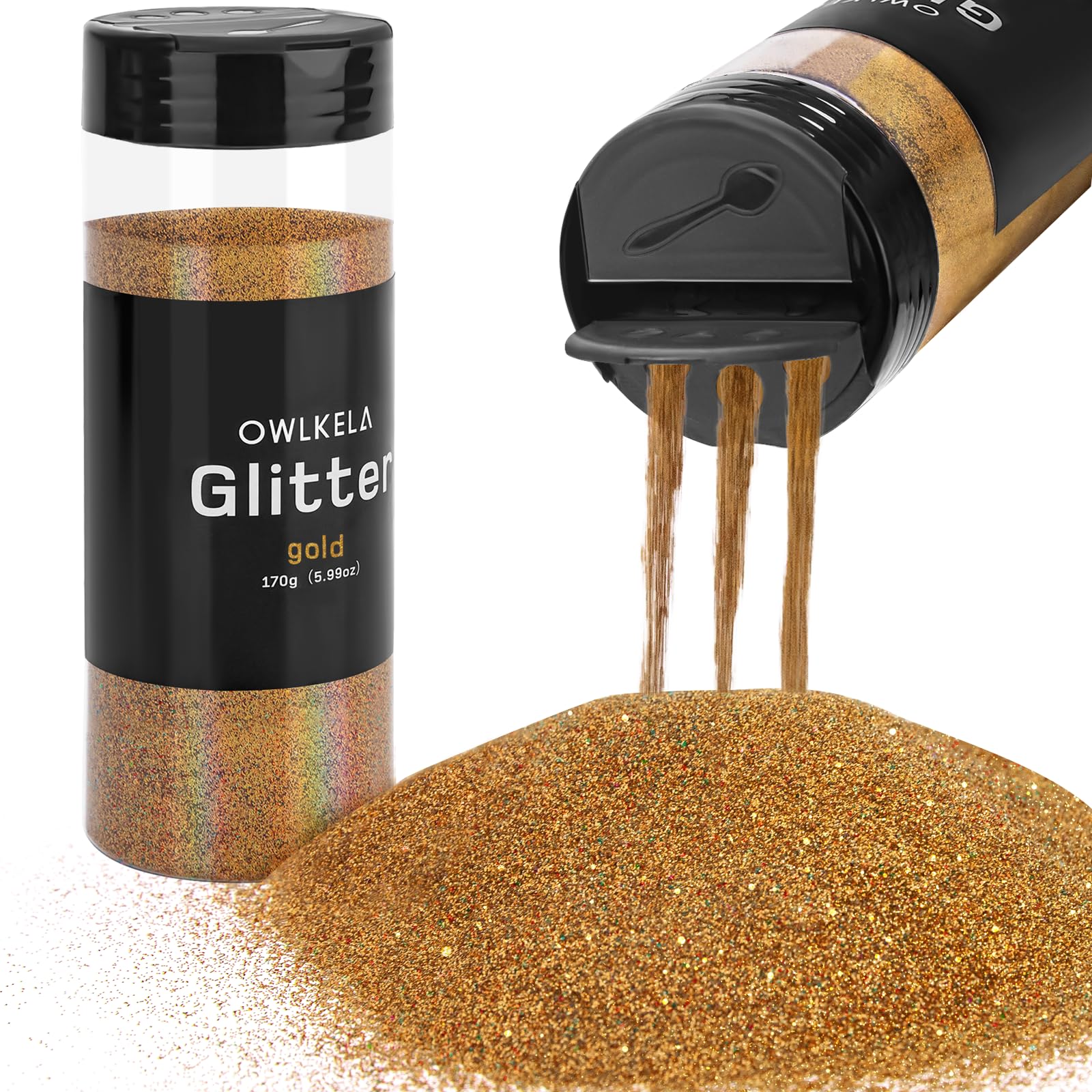 OWLKELA 170g/5.99oz Fine Glitter, Gold Glitter Powder for Sesin, Art & Craft, Nail, Hair, Face, Body, Slime, Festival Cosmetic Powder for Painting, Candle/Soap Making, Waxing