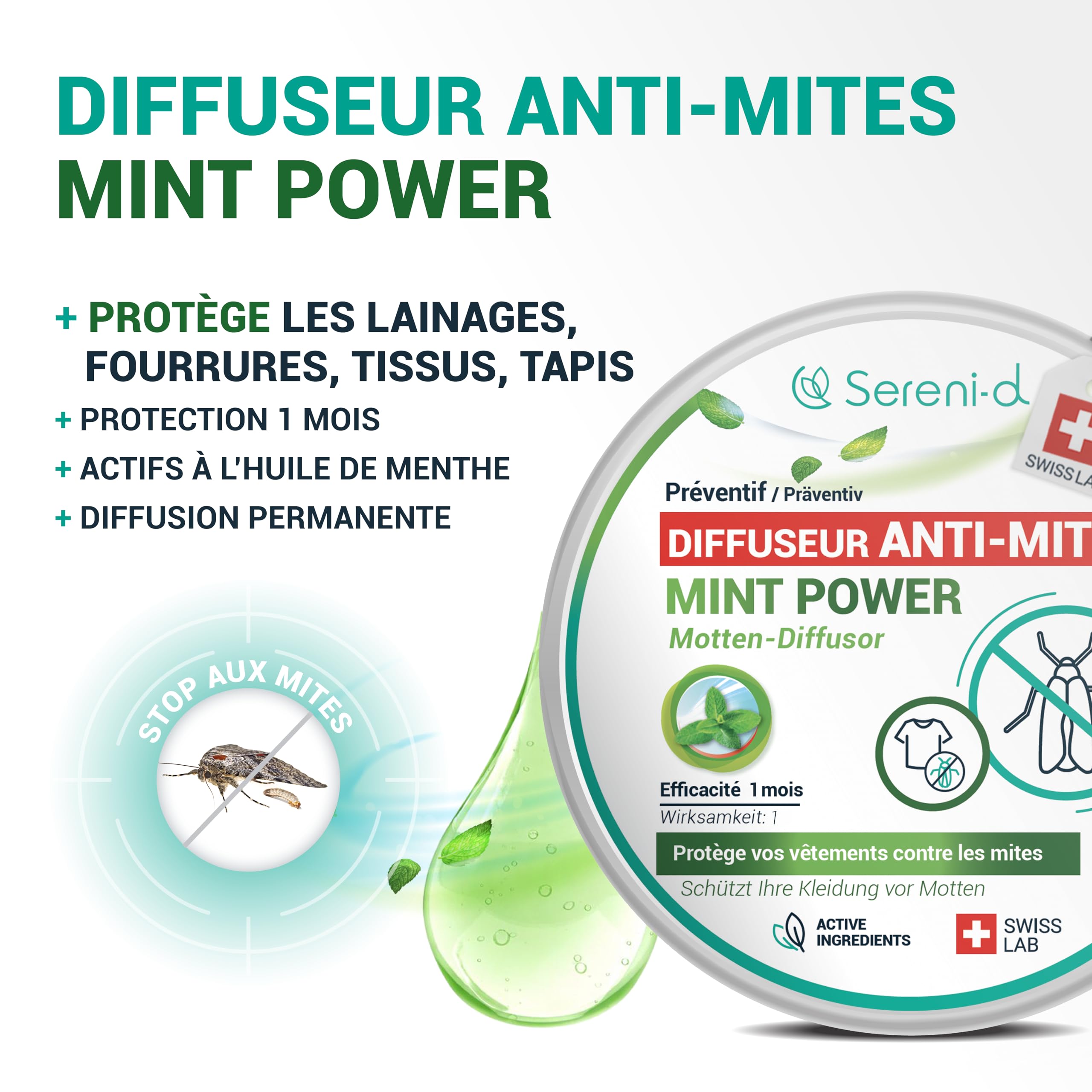 SERENI-D Diffuseur ANTI-MITES Textiles MINTPOWER - Protection répulsive des Vêtements, Lainages et Fourrures - Parfum Menthe - Action immédiate et protège les placards des nouvelles infestations