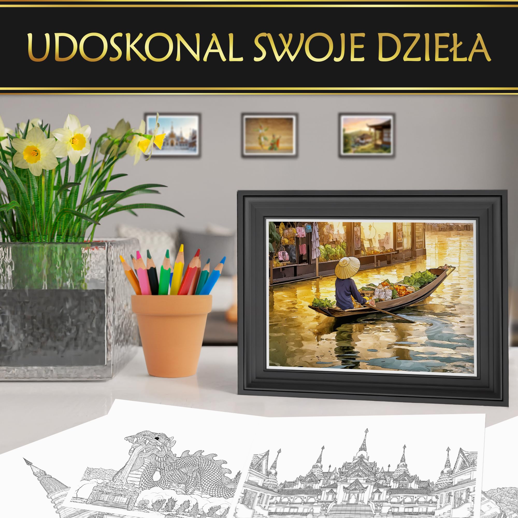 In Textu Kolorowanka dla Dorosłych Destination Thailand, Papier 200 g/m² | Oprawa spiralna, A4, jakość premium, 30 rysunków, 300 kolorowych wzorów, do kredek i markerów akrylowych/alkoholowych/wodnych