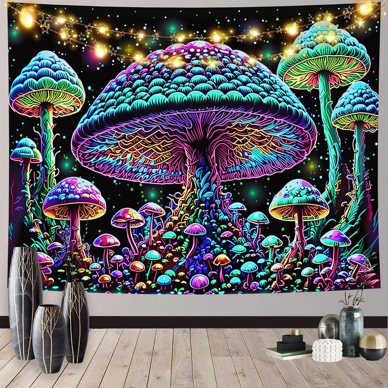 vavalad Rainbow Mushroom Tapestry Fantasy Plant Black Light Tapestry in Dark Mushroom Tapestry Reaction Moon Tapestry Poster Wall Hanging Bedroom