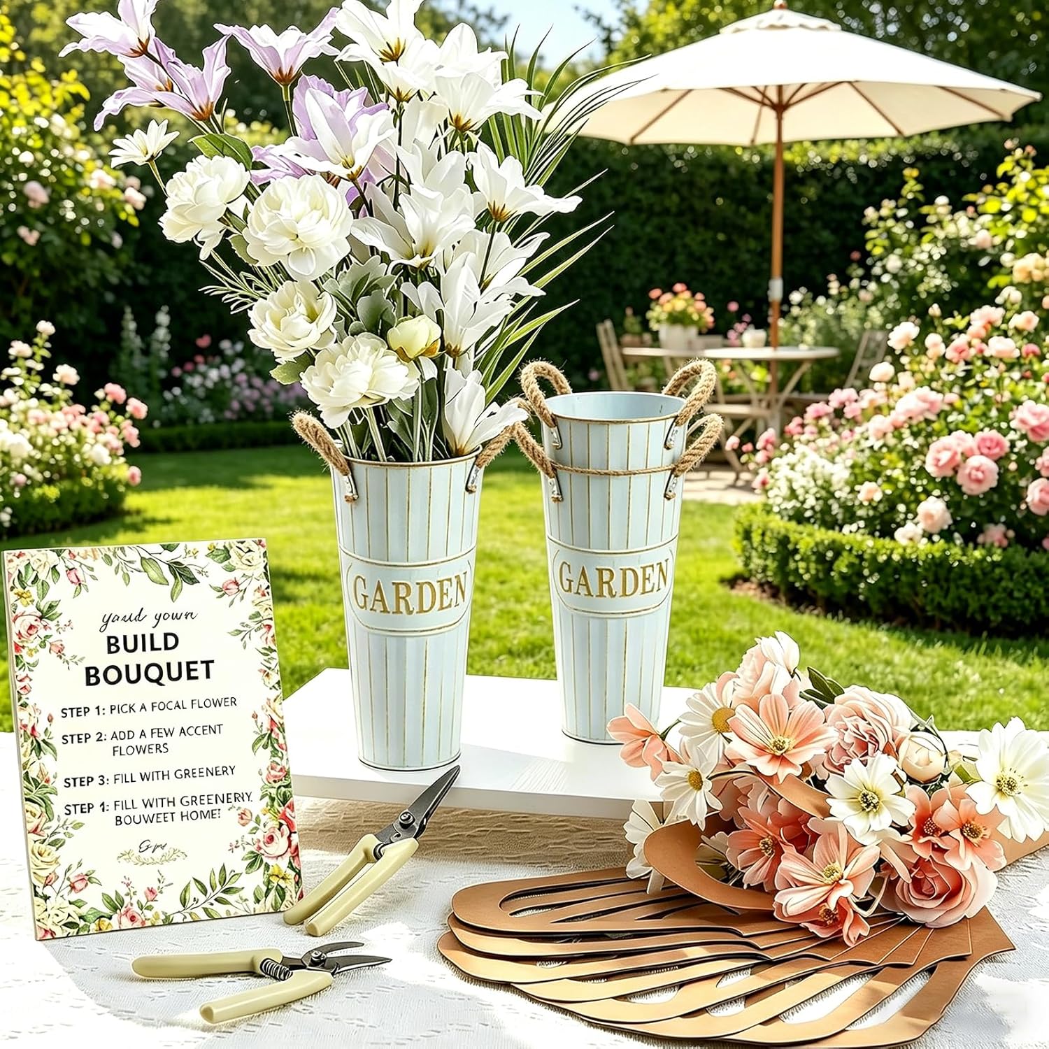 JIANAERQ Complete Floral Bar Set with 30 Kraft Paper Bouquet Bags, 2 Floral Scissors, 6 Flower Tubes, 2 Rolls Ribbons & Paper Table Sign, Wedding Bridal Shower Party Floral Arrangement Supplies
