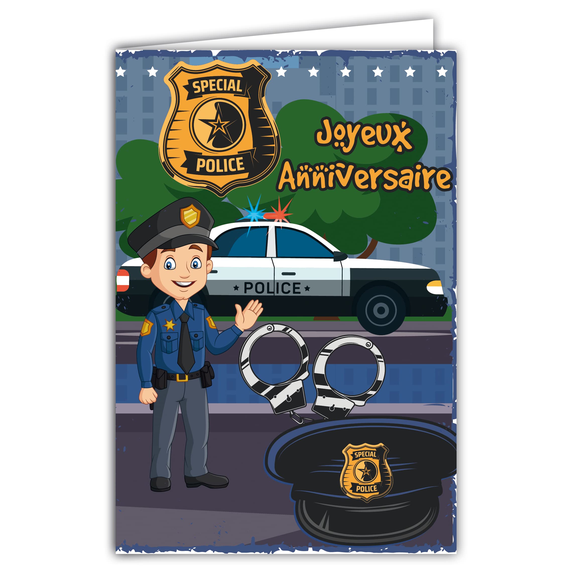 Afie 67-1253 Happy Birthday Card with Envelope for Young Boy who loves the Universe of the Police Gendarmerie Defense Forces Justice Peace Car Rotating Lights with Handcuffs