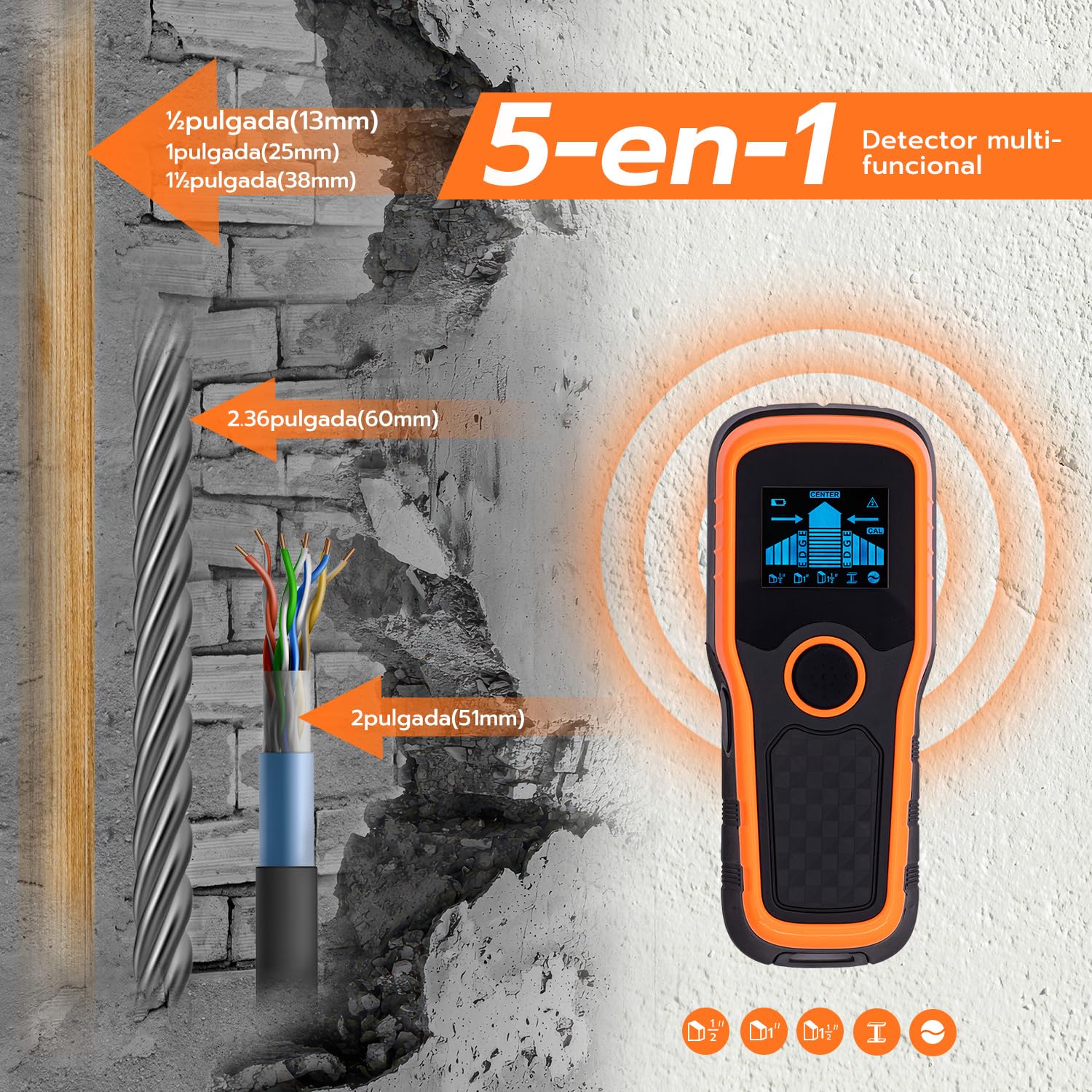 Mcbazel Detector de Pared 5 en 1, Detector de Pared Multifuncional con Pantalla LCD y Advertencia de Sonido, Escáner de Pared para Madera, Metal y Líneas Eléctricas