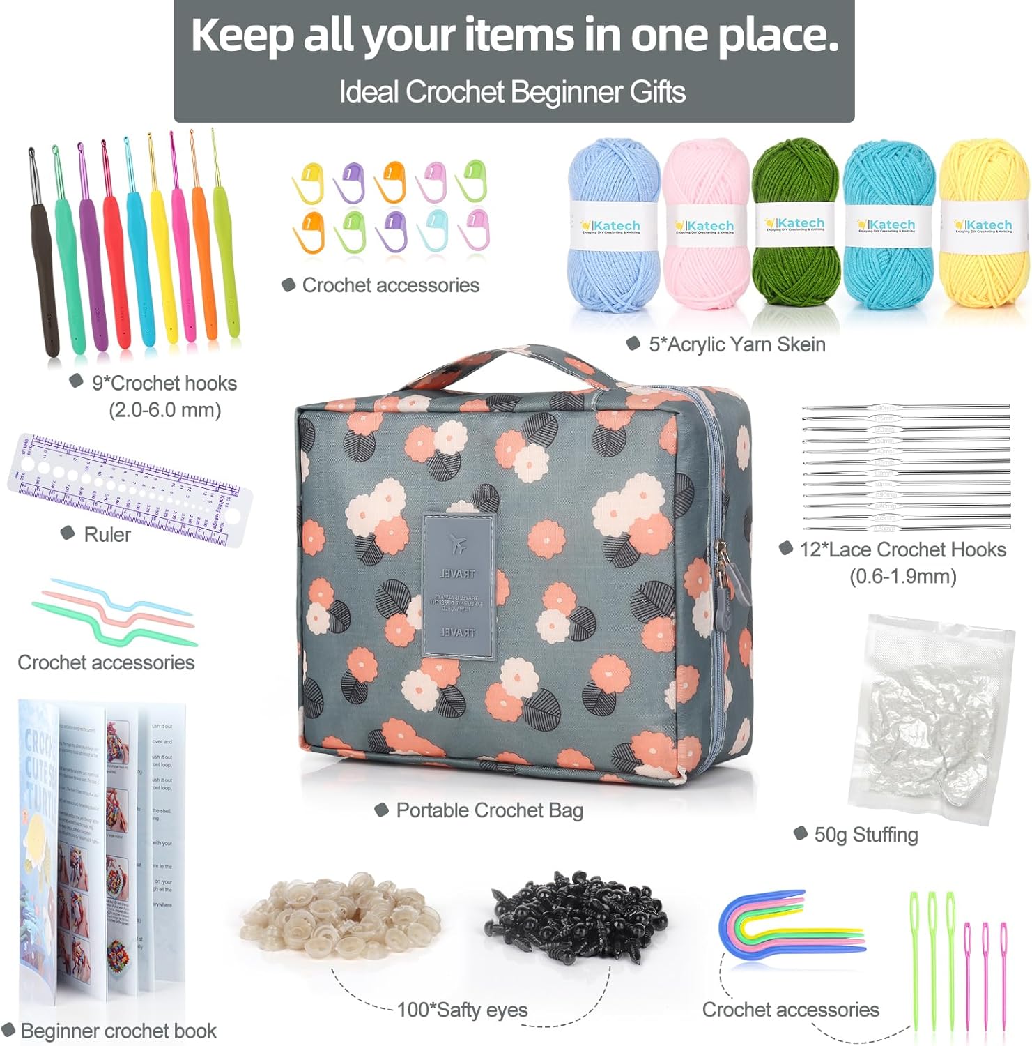 Katech Beginner Yarn for Crocheting and Knitting-Crochet Yarn Kit for Beginners-Includes 382 Yards Cotton Yarn Balls, Hooks, Accessories, Tutorials, Ideal Starter Kit for Kids Adults Professionals