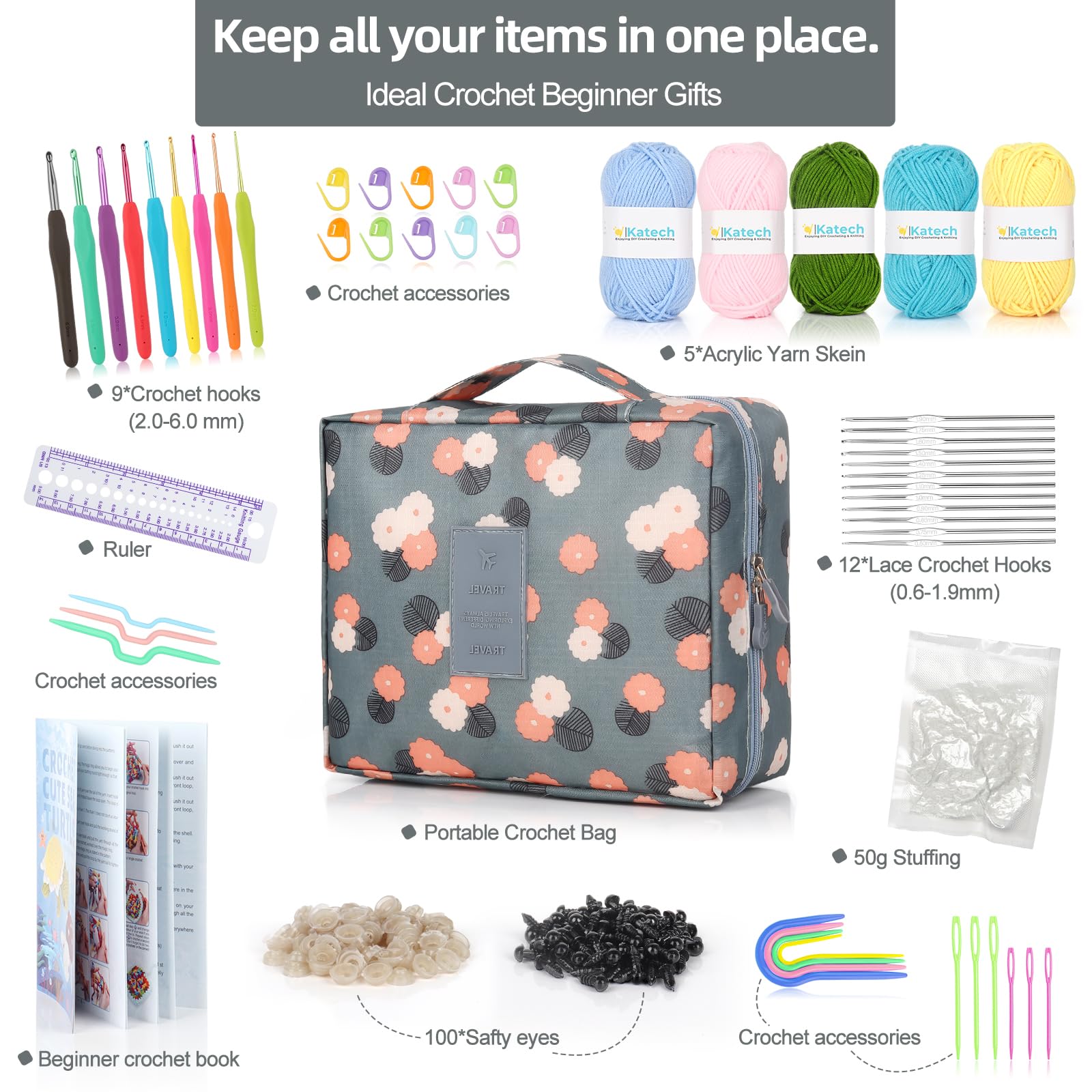 Katech Set di filati per principianti per uncinetto e maglieria, include 350 m di filato di cotone, uncinetto, accessori, tutorial, ideale per bambini, adulti e professionisti