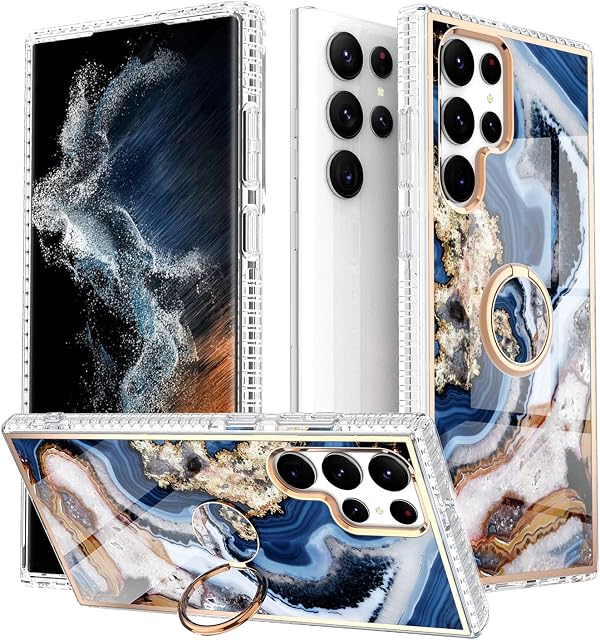 Laurraine Case Compatible with Samsung S22 Ultra 5G, Luxury Shiny Marble IMD Slim Case, Gold Glitter Marble Design with 360 Degree Swivel Ring Stand for Galaxy S22 5G (Navy Blue)