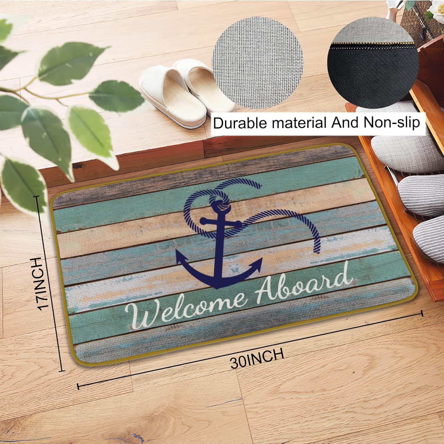 Burosev Welcome Aboard Nautical Theme Decorative Doormat, Anchor Boat Floor Mat, Rustic Welcome Aboard Anchor Farmhouse Decor for Home Indoor Outdoor Front Porch Door Mat (17 x 30 Inch)