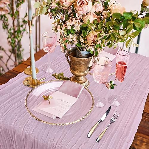 Miniatura 5 de Babenest Camino de mesa de tela de queso rosa polvoriento, paquete de 3 caminos de mesa de gasa de 10 pies para decoración de despedida de soltera,