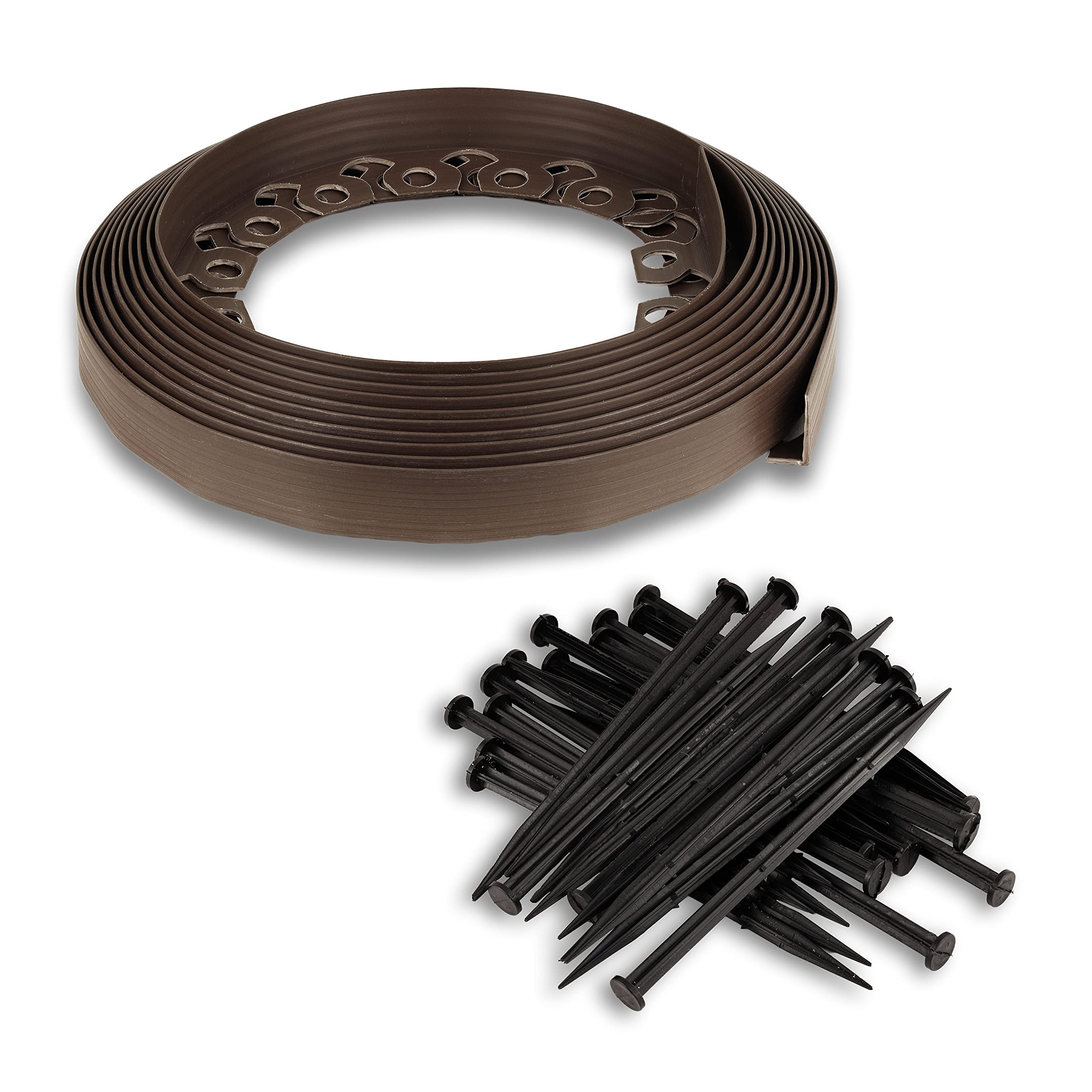 Garden Lawn Edging Plastic Flexible Grass Border Brown 60 mm - 10m / 32.8 ft with 30 Strong Securing Pegs - Anchor