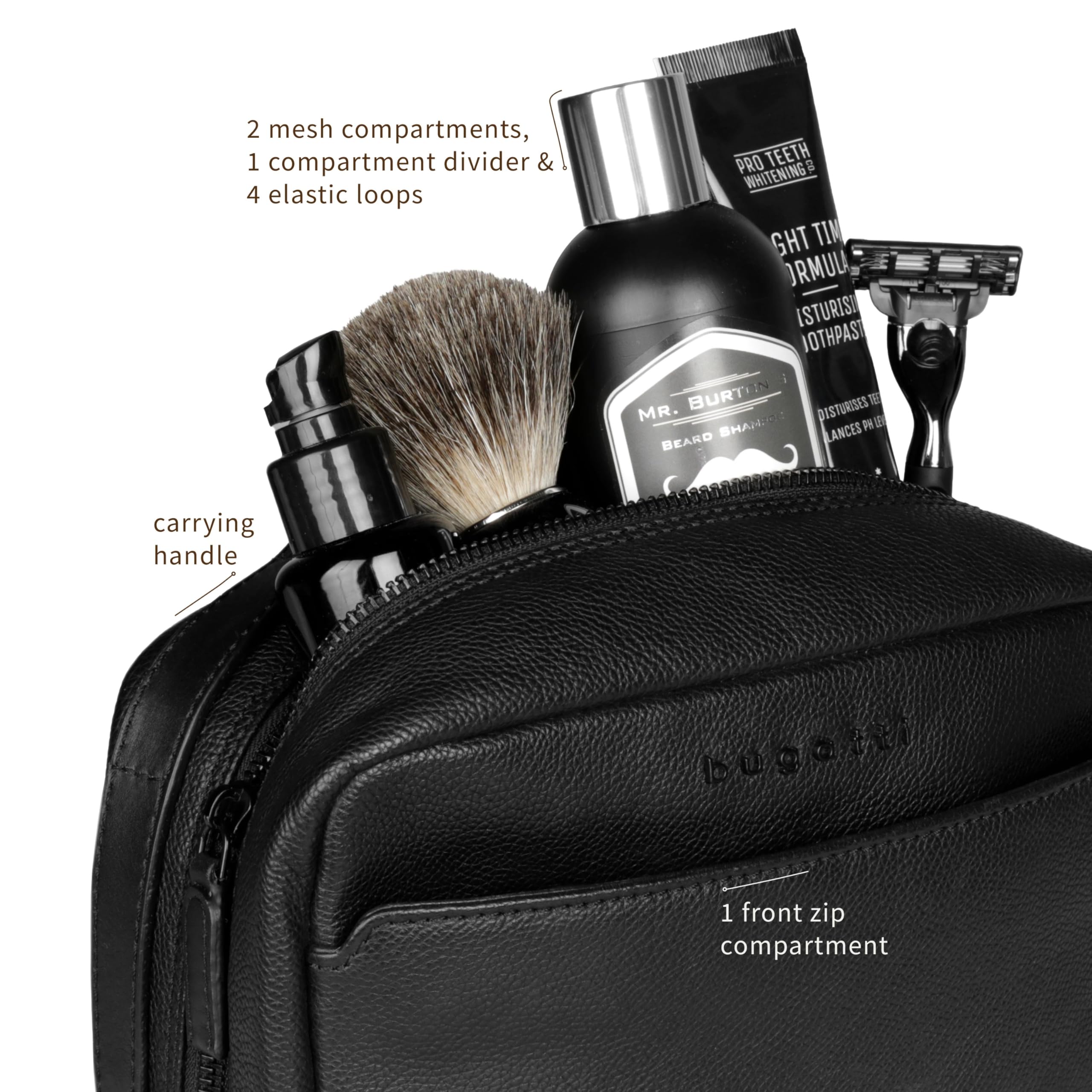 bugatti Black borsa da toilette in pelle – ideale per viaggi, vacanze e brevi soggiorni - Nera