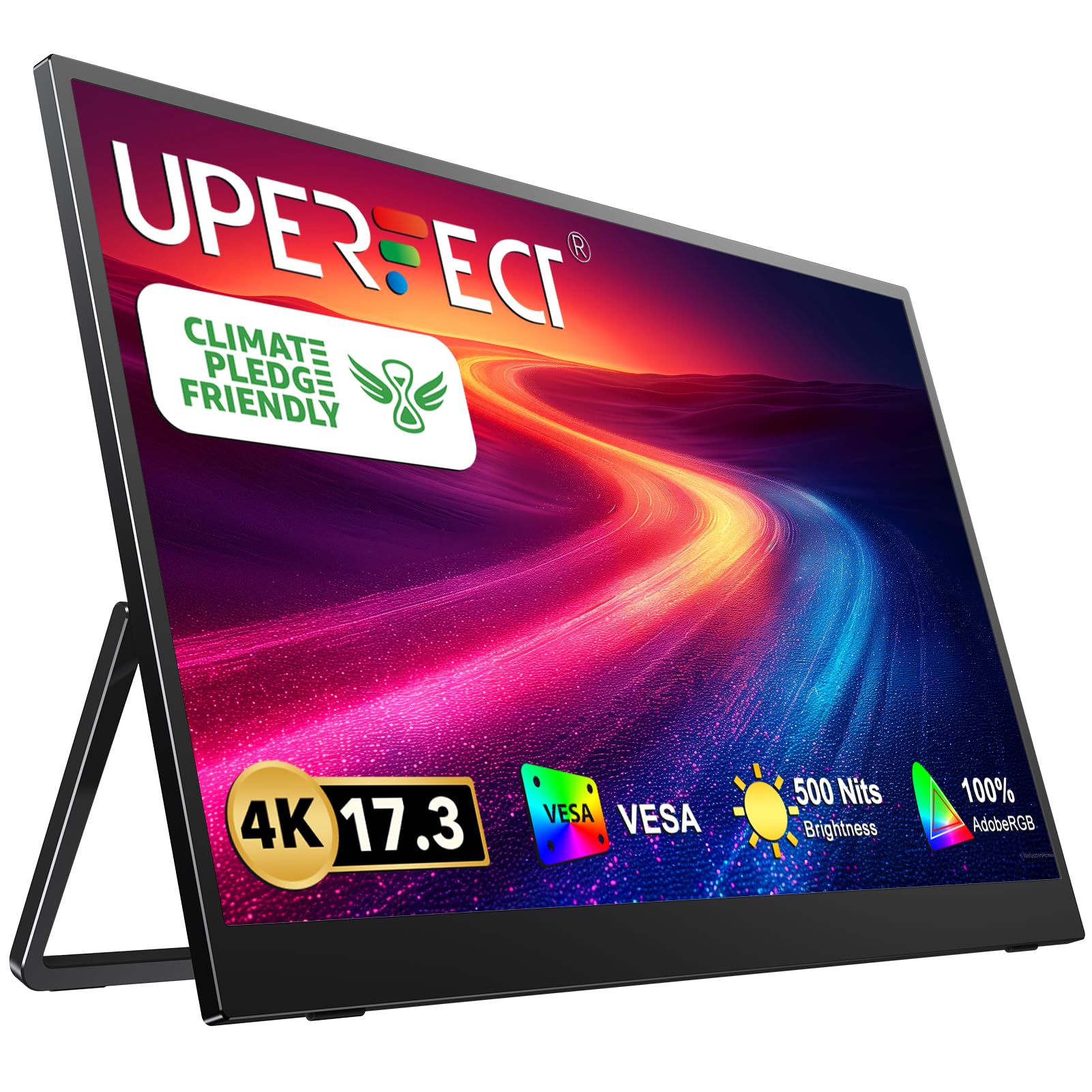 UPERFECT 17.3 Pulgadas 4K QLED Monitor Portátil 100% AdobeRGB 1500:1 500 Nits 3840*2160 Mate Eye-Care Pantalla con Mini HDMI USB C Soporte Integrado para Laptop Macboo Xbo PS4/5, Compatible con VESA
