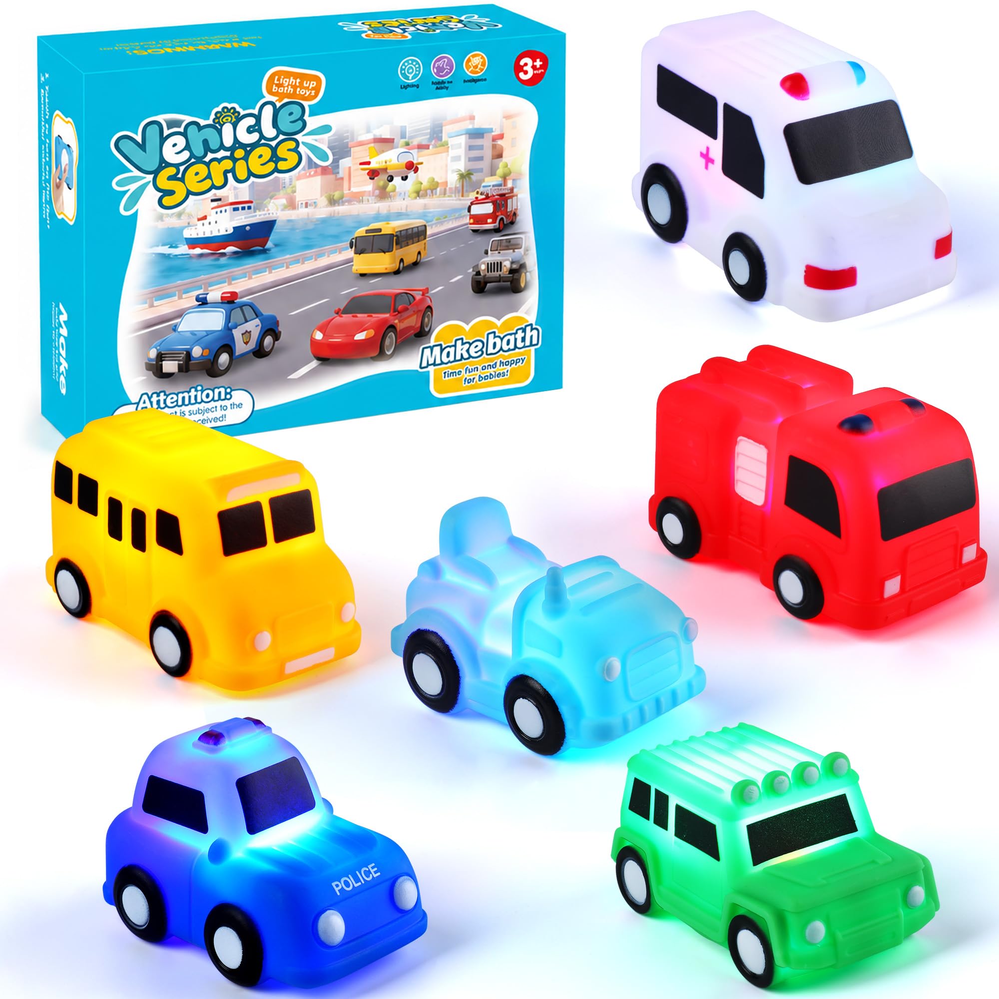 6 Pack Light Up Bath Toys LED Sensory Emergency Public Service Toy Cars