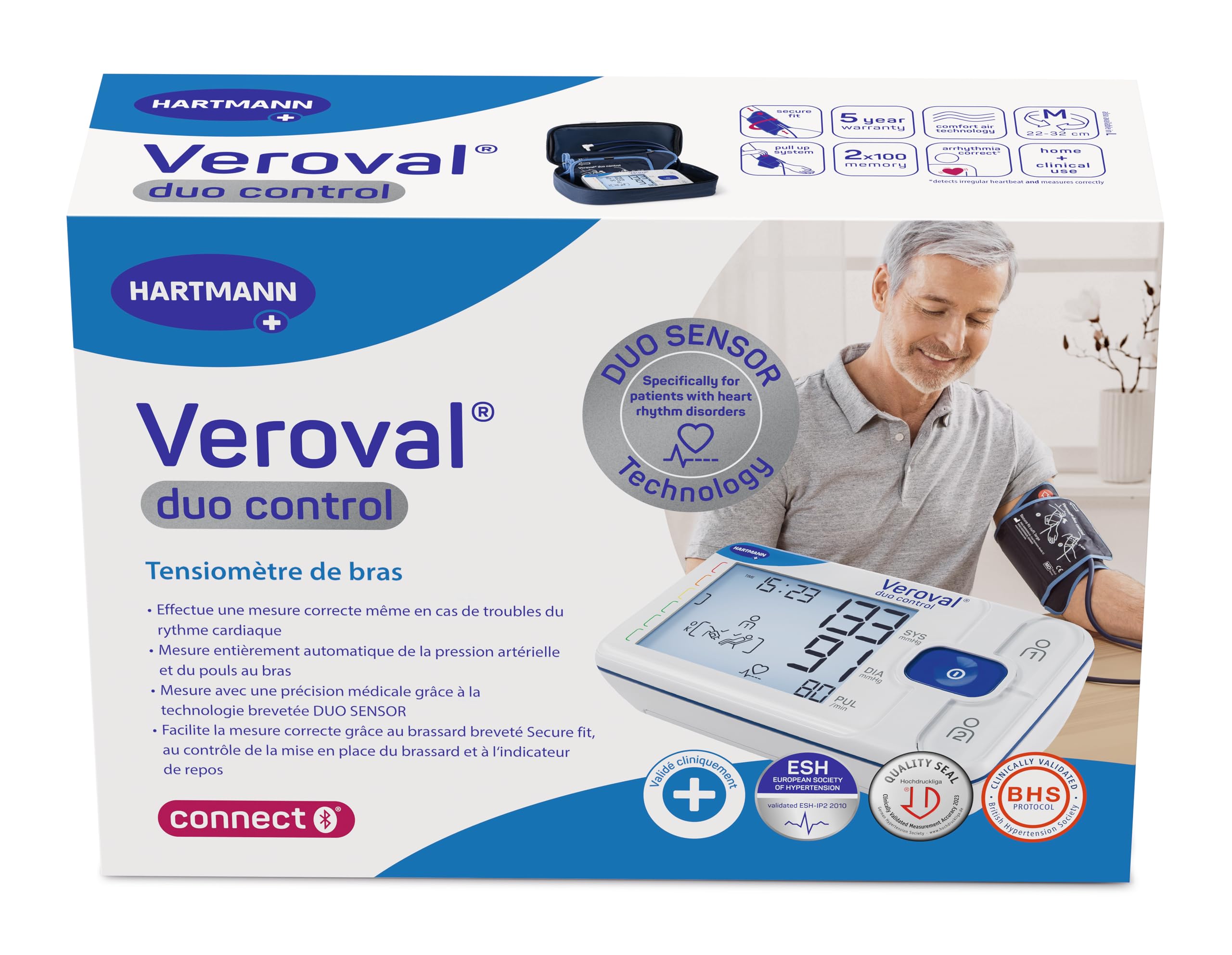Veroval duo control Tensiomètre de Bras : Détecte les arythmies cardiaques - Indicateur de repos - Contrôle positionnement du brassard - Taille M
