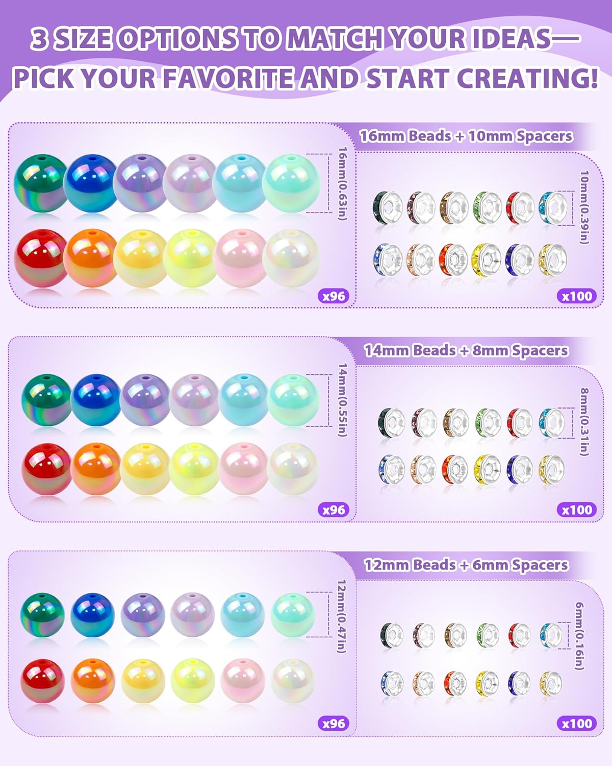 196PCS FIVEIZERO Focal Beads for Pens – 14mm AB Rainbow Acrylic Beads & 8mm Rhinestone Spacers in 12 Colors for Beadable Pens, Bracelets, Jewelry Making & DIY Crafts - Image 2