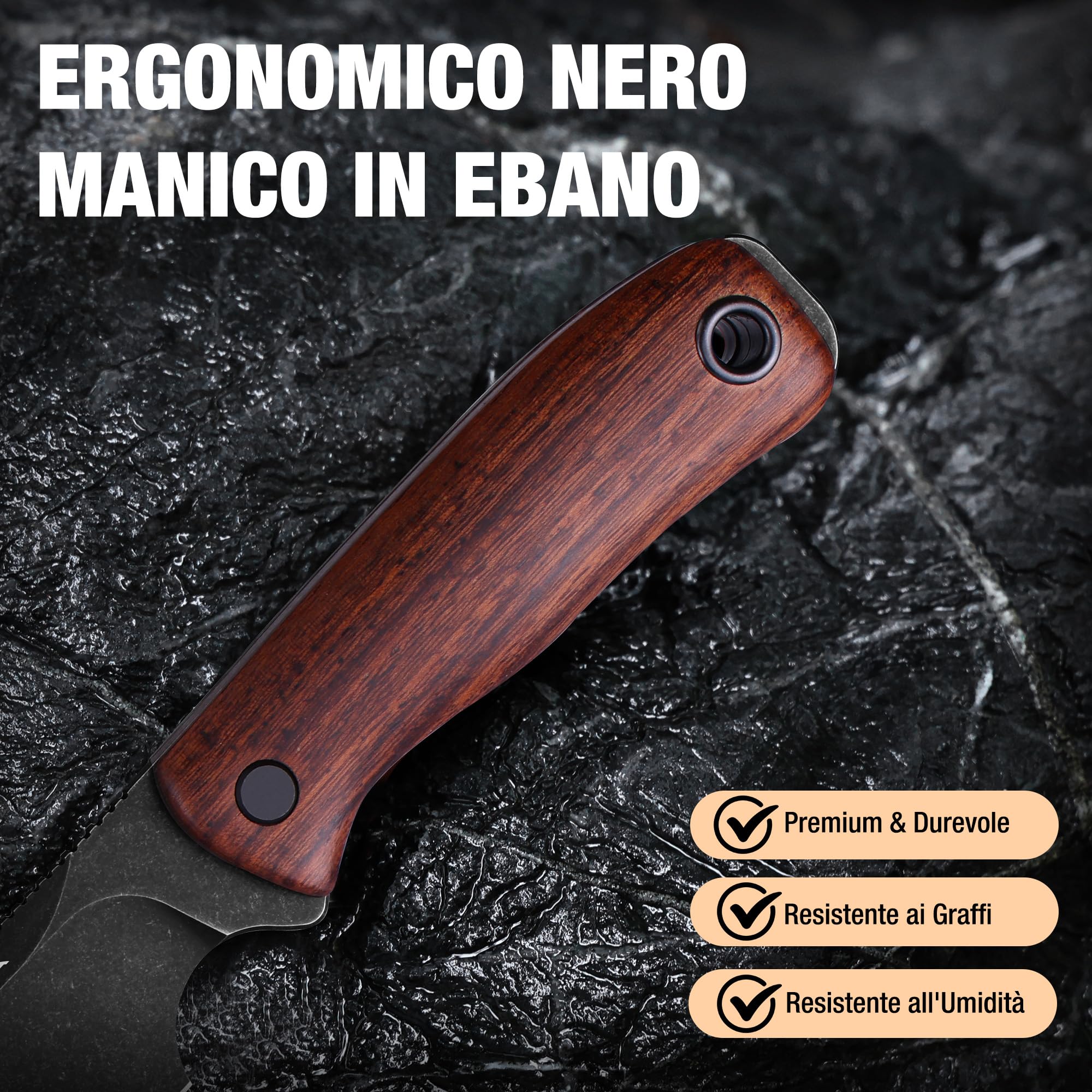FLISSA Coltello a Lama Fissa con Manico in Ebano Nero, Design Full Tang, Lama Affilata in Acciaio 14C28N, Clip per Cintura Rotante 180°, Ideale per Sopravvivenza, Campeggio ed Escursionismo