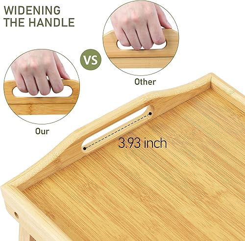 Miniatura 5 de Bandeja grande para desayunar para comer, mesa elevada de alimentos de altura ajustable, bandeja de bambú para servir en el sofá regazo, bandeja