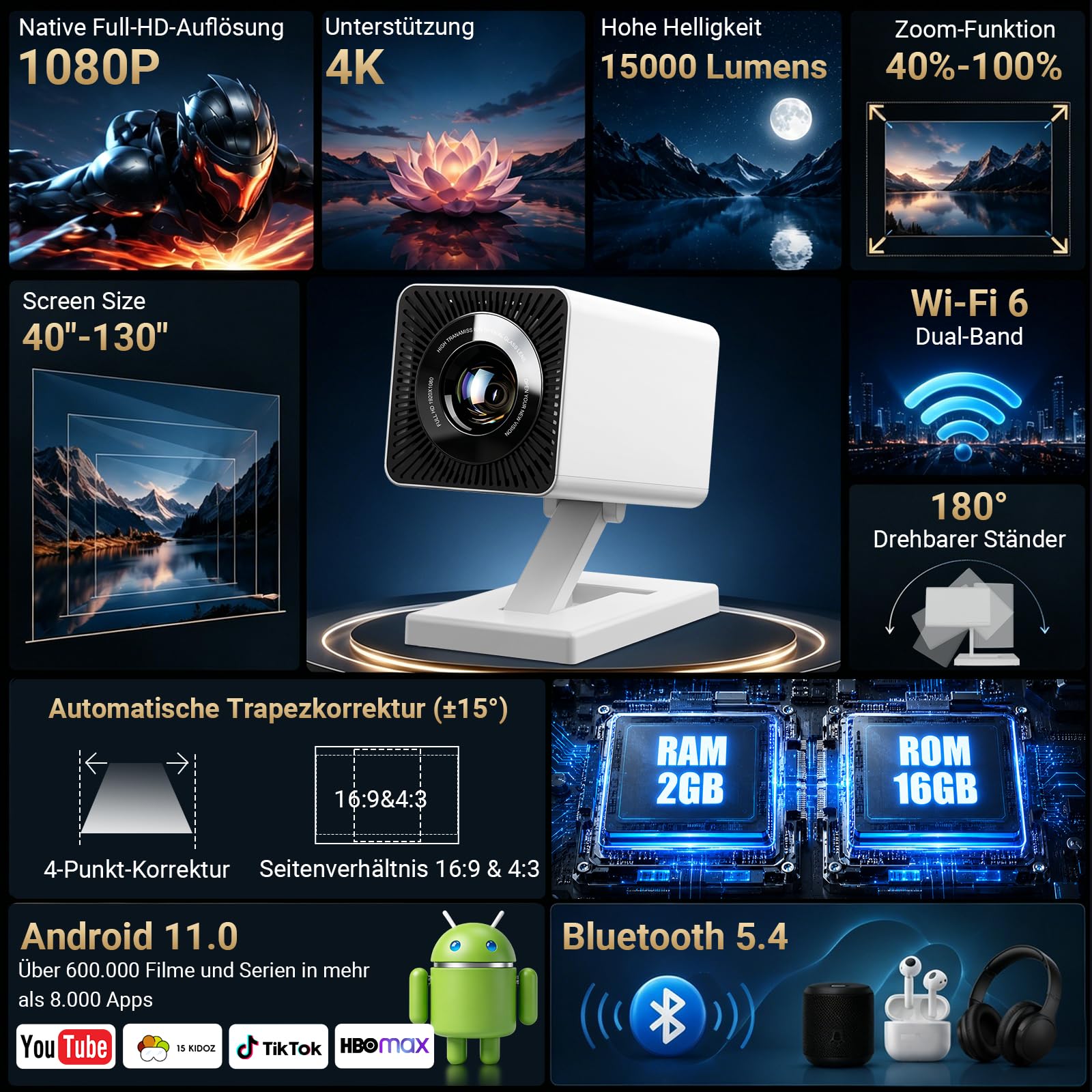 Mini Beamer 4K, Mini Projektor 1080P Unterstützt WiFi 6 BT 5.4, Beamer Klein Projektor mit Eingebaute Apps, Auto Horizontal Trapezoid Correction