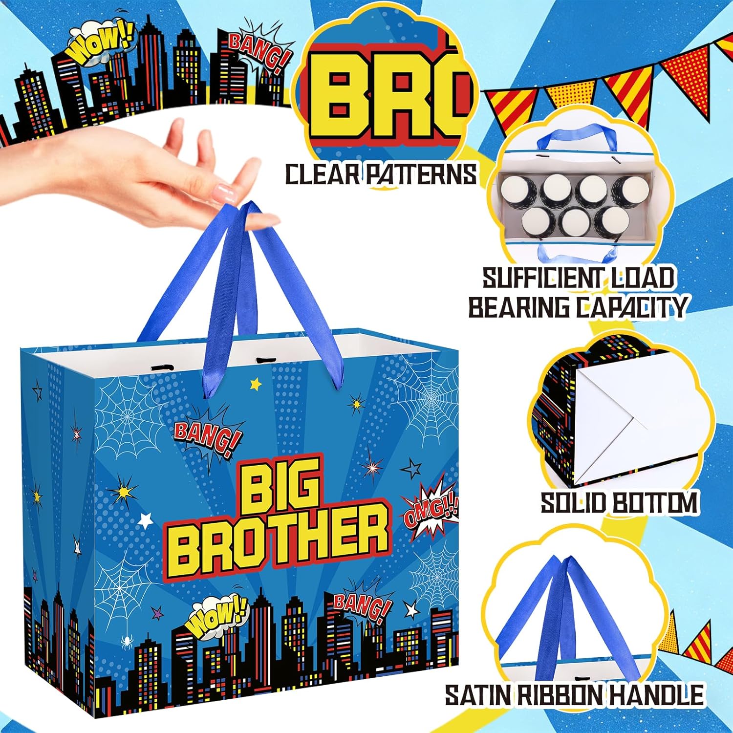 Super Big Brother Gift Bag for Boys, Hero Big Bro Gift Bag with Tissue Paper and Card Blue Spider Heros Wrapping Paper New Brother Party Decorations for Men Little Toddler Boy Birthday Party