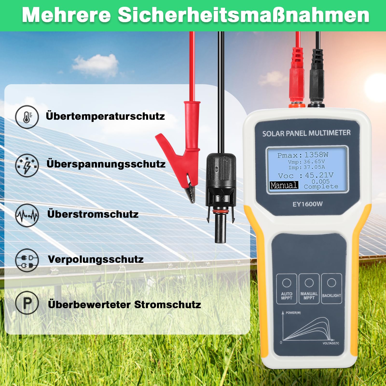 BuyWeek Tester paneli słonecznych 1600 W, panel słoneczny, multimetr MPPT z wyświetlaczem LCD, podświetlenie tła, urządzenie testujące napięcie jałowe, urządzenie do testowania modułu solarnego