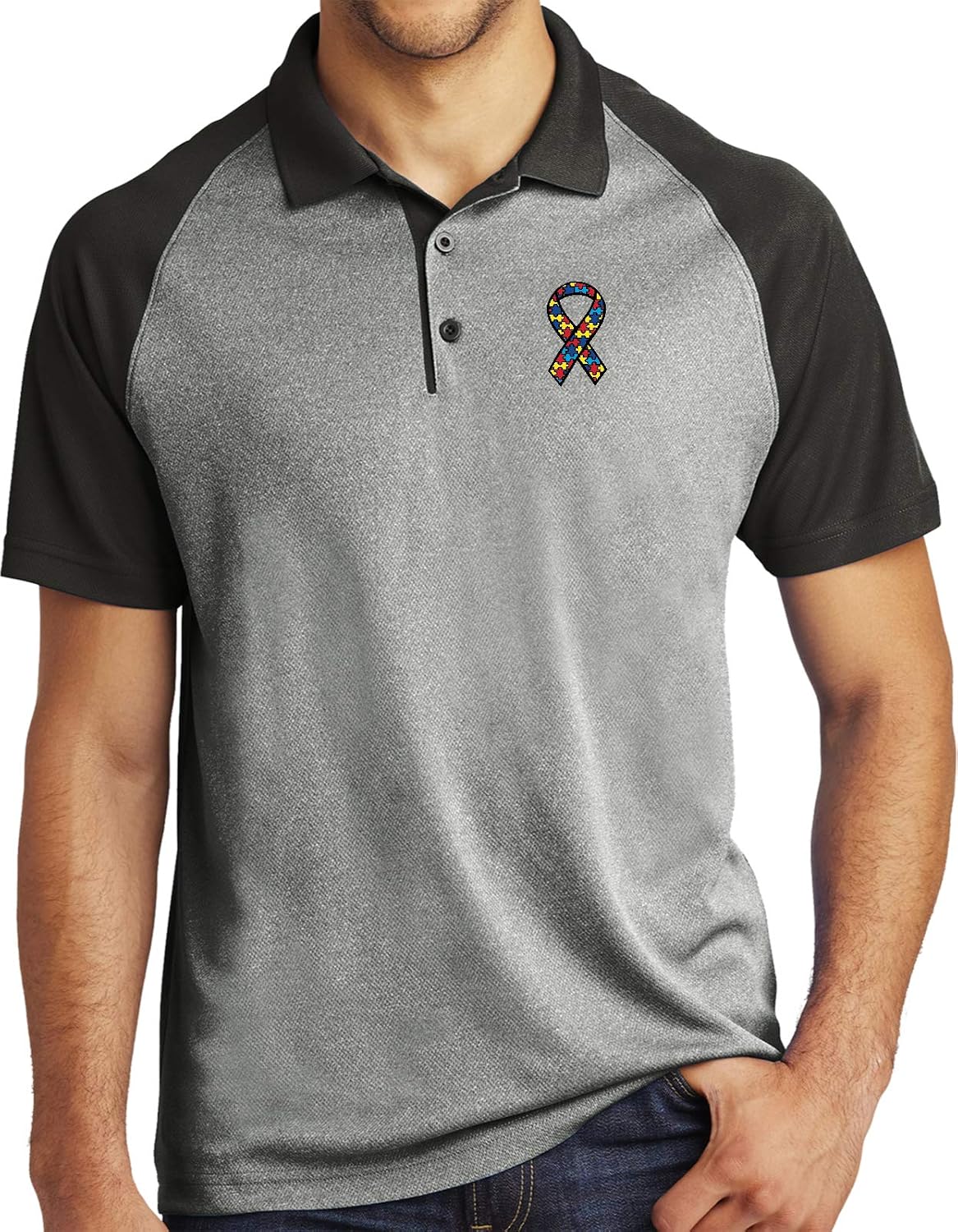 Autism Ribbon Chest Print Raglan Polo