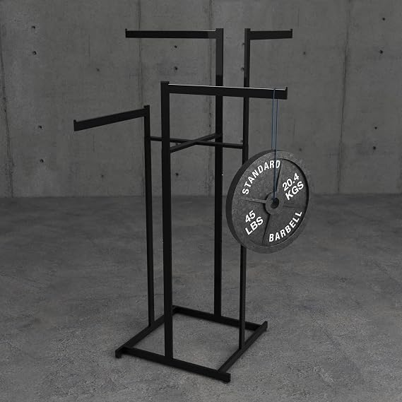 Econoco 4-Way Clothing Rack. Adjustable Straight Arm Garment Display with Rectangular Tubing and Tab Stops, Matte Black