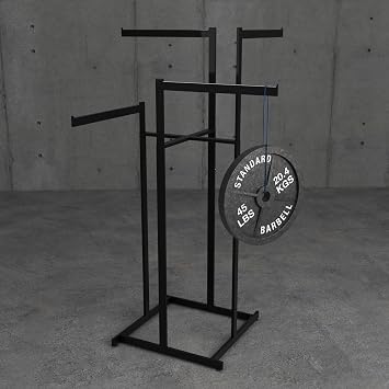Econoco 4-Way Clothing Rack. Adjustable Straight Arm Garment Display with Rectangular Tubing and Tab Stops, Matte Black