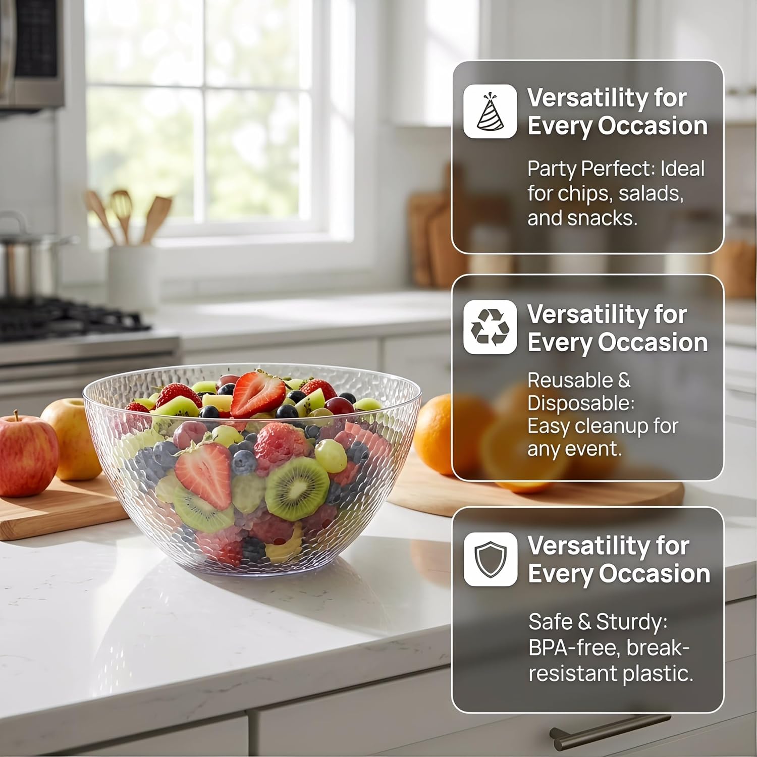 Suwimut 4 Pack Clear Plastic Serving Bowls, 135 OZ Large Round Plastic Bowls, 10 Inch Disposable Reusable Salad Mixing Bowl Buffet Containers for Catering, Party, Salad, Fruit, Chips, Popcorn, Snack