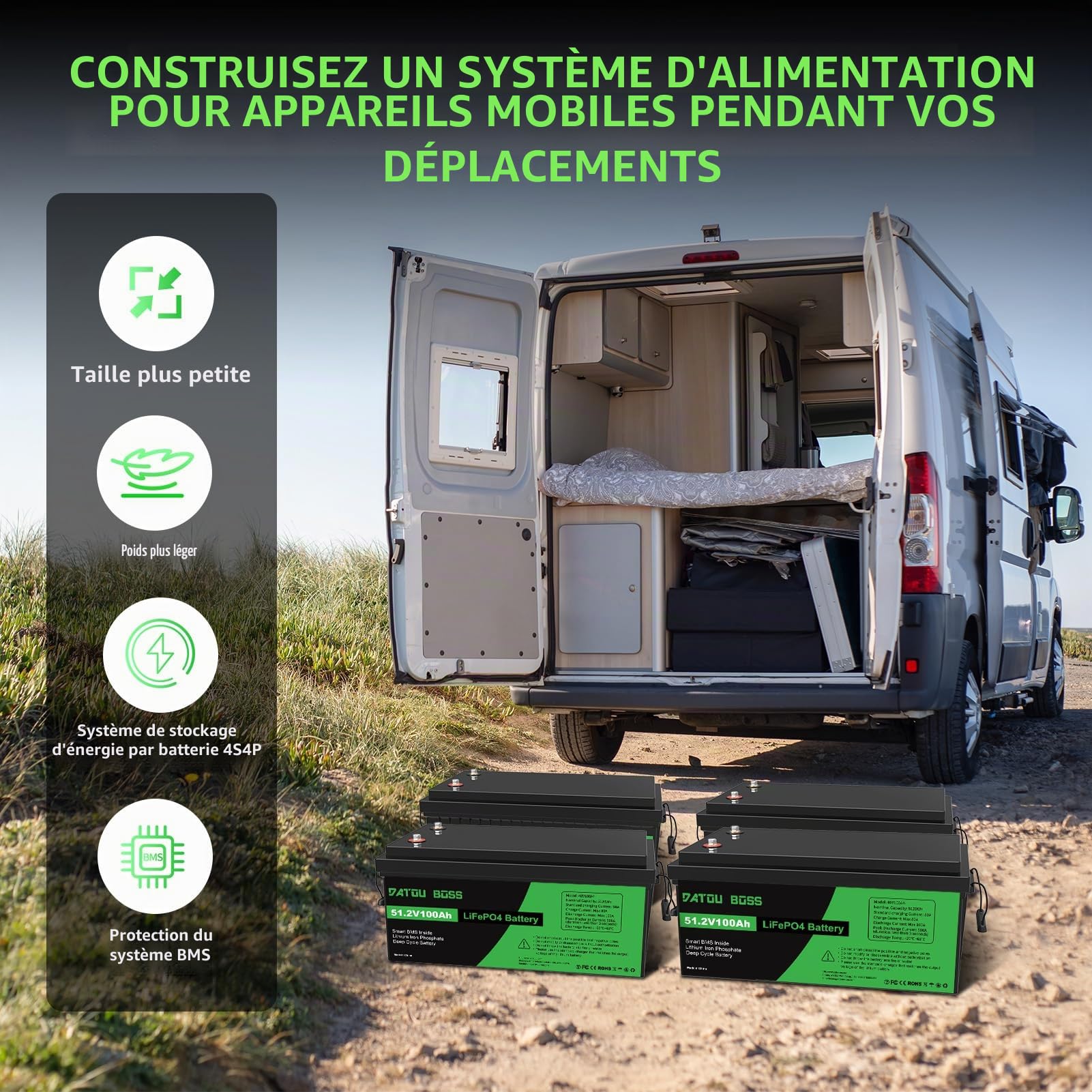 DATOUBOSS Batterie Lithium 48V 100Ah LiFePO4,BMS intégré 100A,15000+Cycles Cycle Profond Batterie Lithium,Max 5120W Puissance supportée en série/parallèle,Parfait pour Solaire, Off-Grid