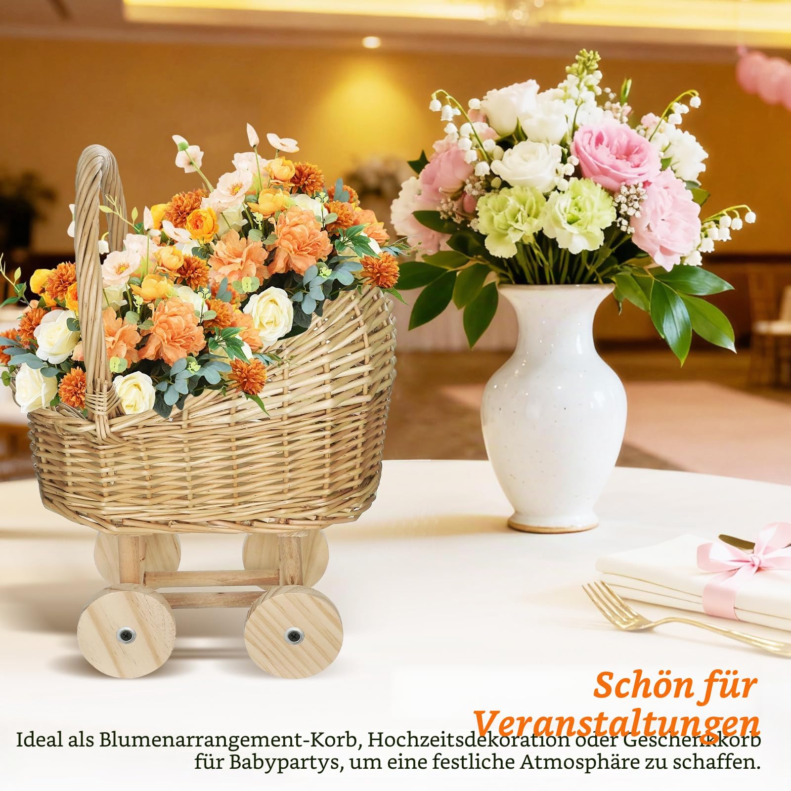 Cabilock Handgeflochtener Rattankorb Mit Griff, Kinderwagenförmiger Blumenkorb Für Blumenmädchen, Korb Für Hochzeitsdeko, Babyparty Geschenkekorb, Dekorativer Blumenkorb