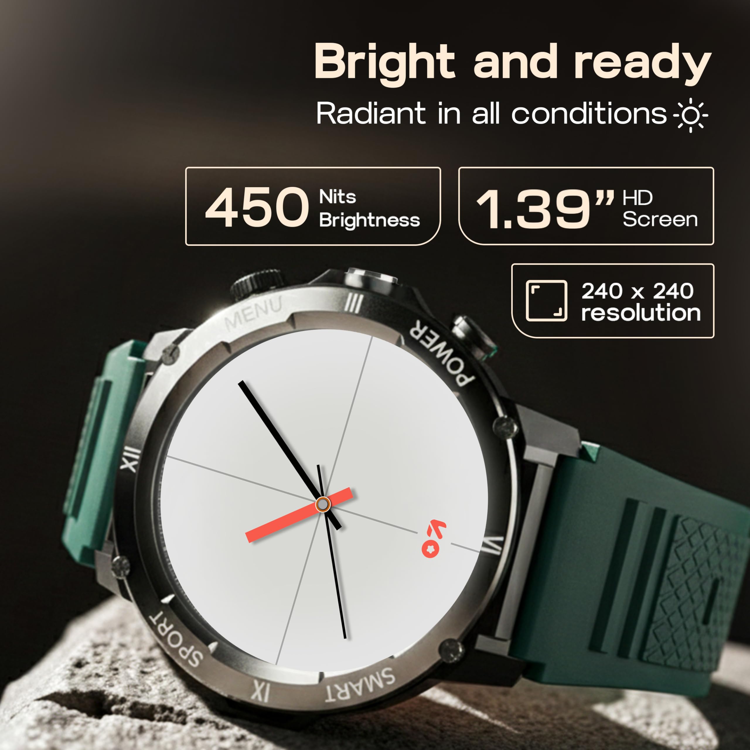 GOBOULT Newly Launched Tuff Hawk Smart Watch 1.39'' HD Display, BT Calling, Working Crown, 150+Watchfaces, 450 Nits Brightness, AI Voice Assistant, SpO2 Monitoring (Green) (Green) — Amazon image 3