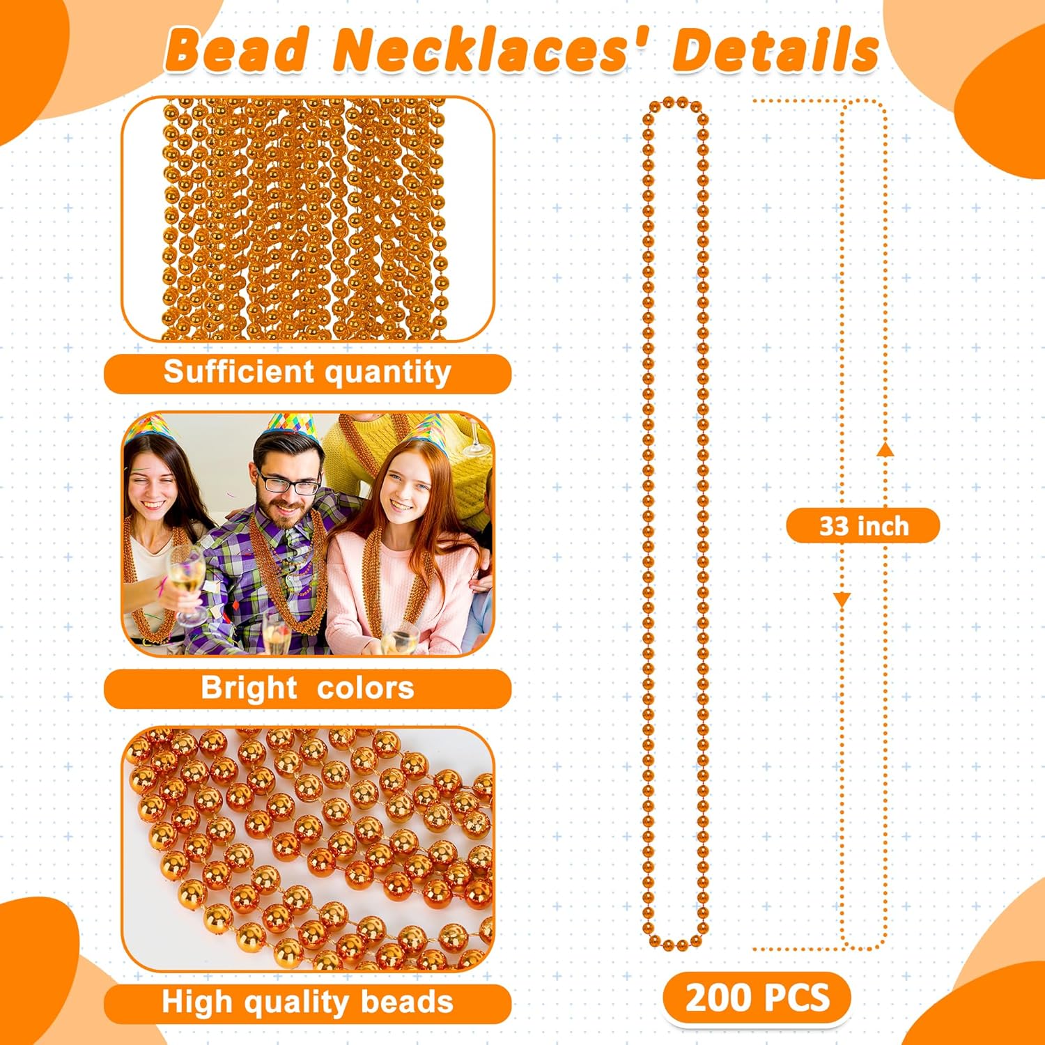 Beaded Necklace, 200 PCS 33" Orange Mardi Gras Beads, Mardi Gras Accessories, Costume Bead Necklace Bulk, Party Parade Beads for Pirate Wedding Birthday Halloween Party Supplies - Image 2