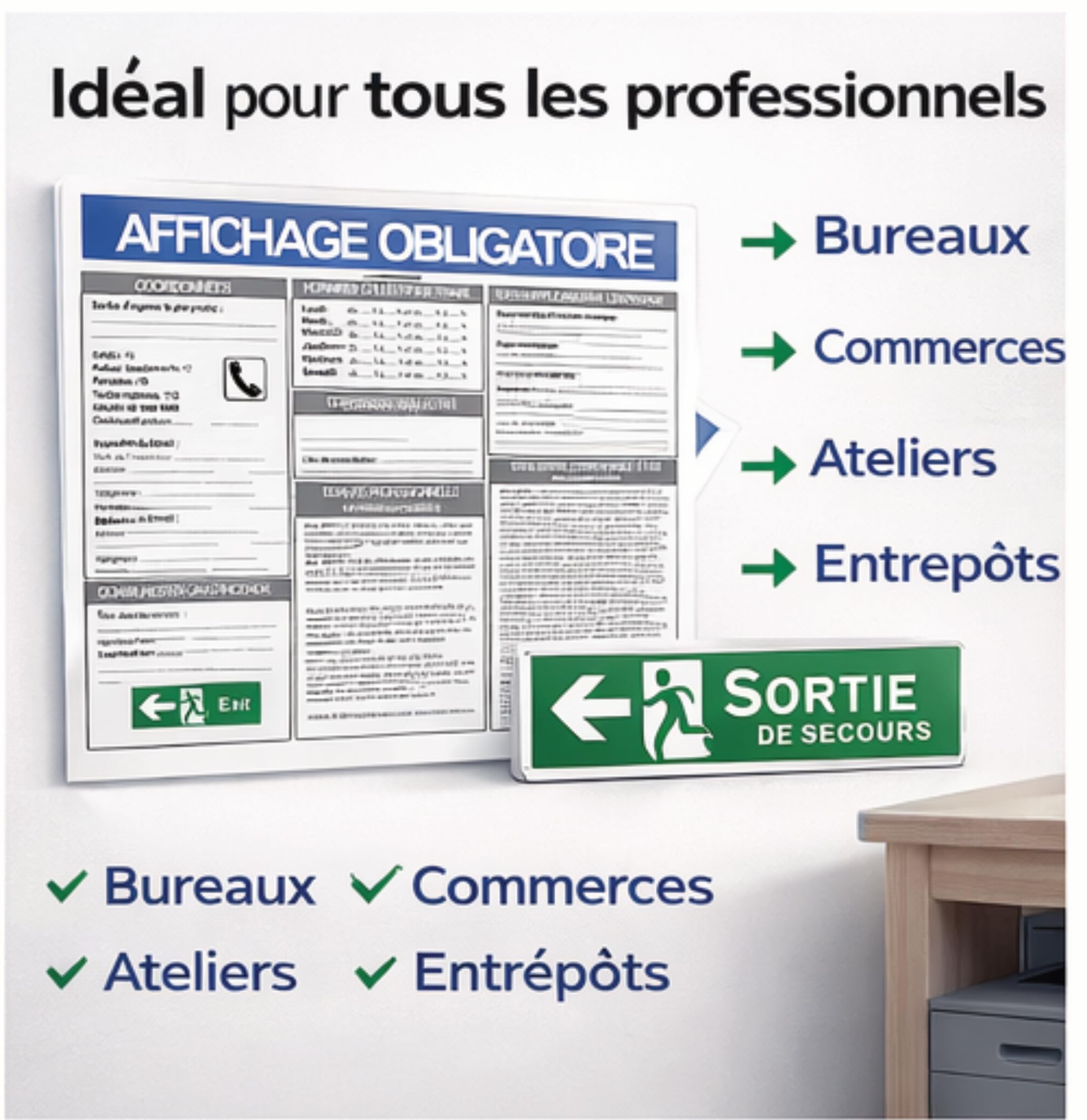 Lot 3 Pack Affichage Obligatoire Entreprise A3 + Consignes de Sécurité + Pictogrammes Sécurité 20x20 + Sortie de Secours 30x10 – Conforme Code du Travail – Vinyle Résistant