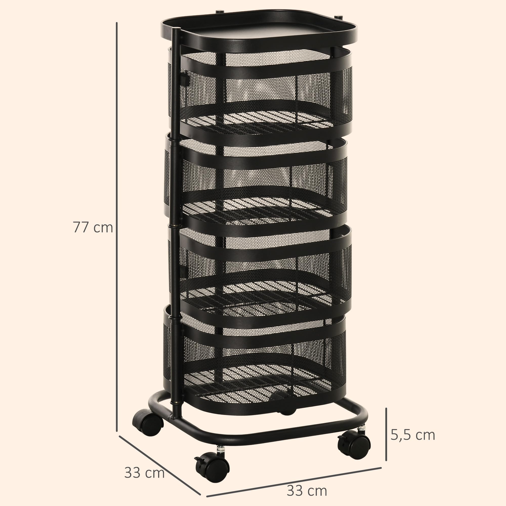 HOMCOM Carrito Auxiliar con Ruedas de 5 Niveles, Carrito de Cocina con 4 Cestas de Almacenamiento Giratorias 270° y Bandeja Superior, para Frutas, Verduras, Utensilios, 33x33x77 cm, Negro