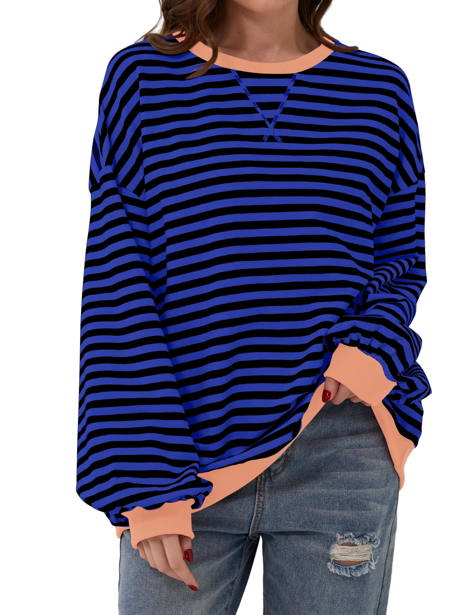 Gestreepte sweater voor dames, oversized sweatshirt, modieus, casual, losse trui met lange mouwen, voor sport, fitness, buiten, zonder capuchon, Z01 Roze, L