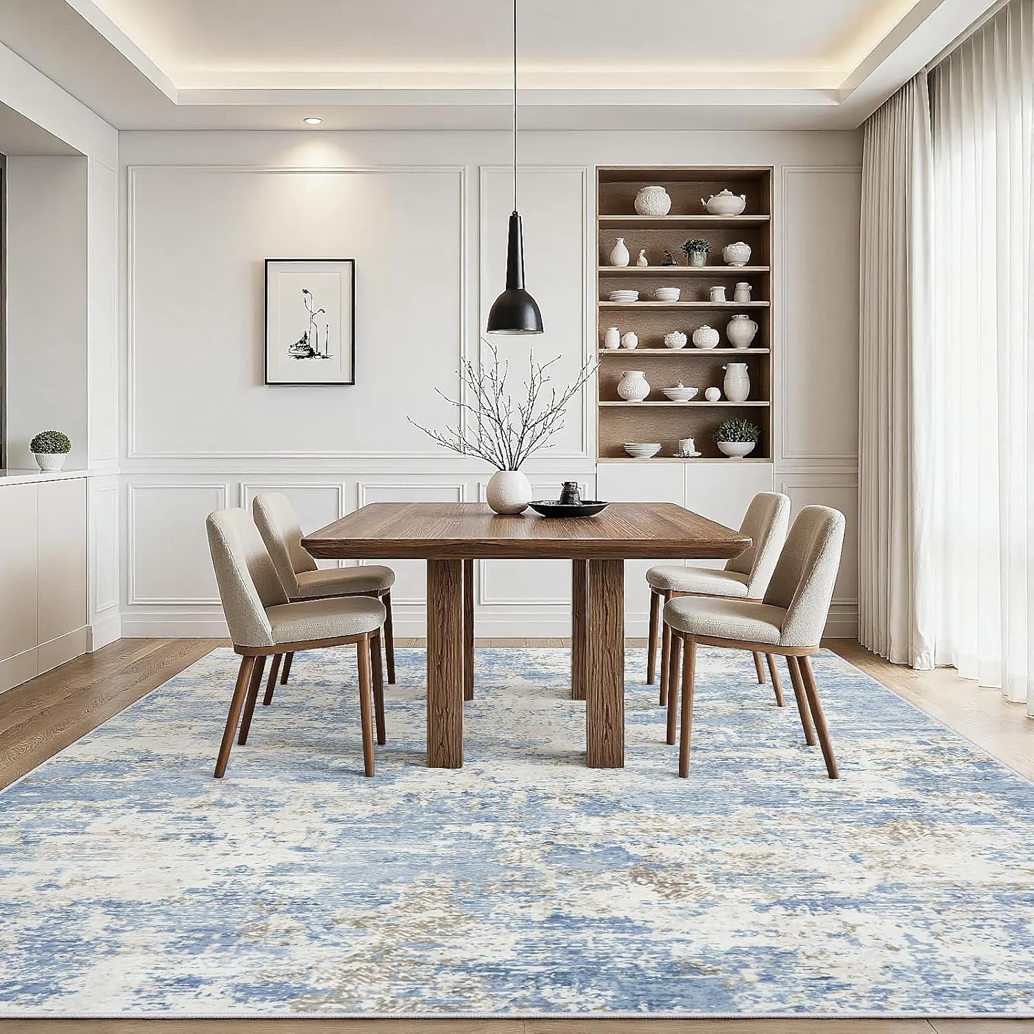8x10 Area Rugs Living Room Rug Modern Abstract Neutral Washable Rugs Non Slip Soft Carpet Large Area Rug Low Pile Stain Resistant Non Shedding for Bedroom Nursery Dining Room Home Office Blue
