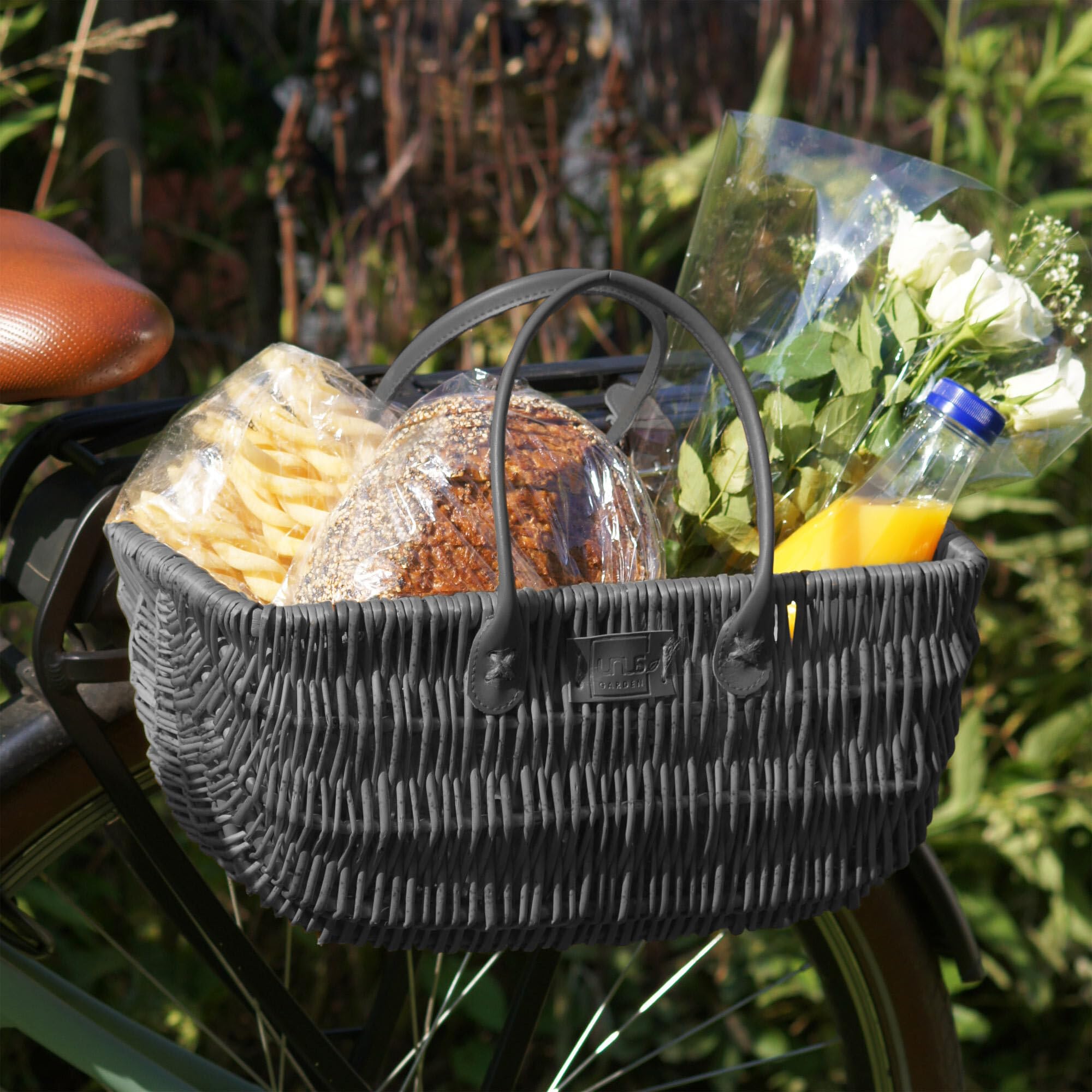 UNUS Panier de vélo en Osier, 22x40x21,5 cm, Résistant aux intempéries, Plastique, Fixation avec Sangle pour Porte-Bagages ou Guidon