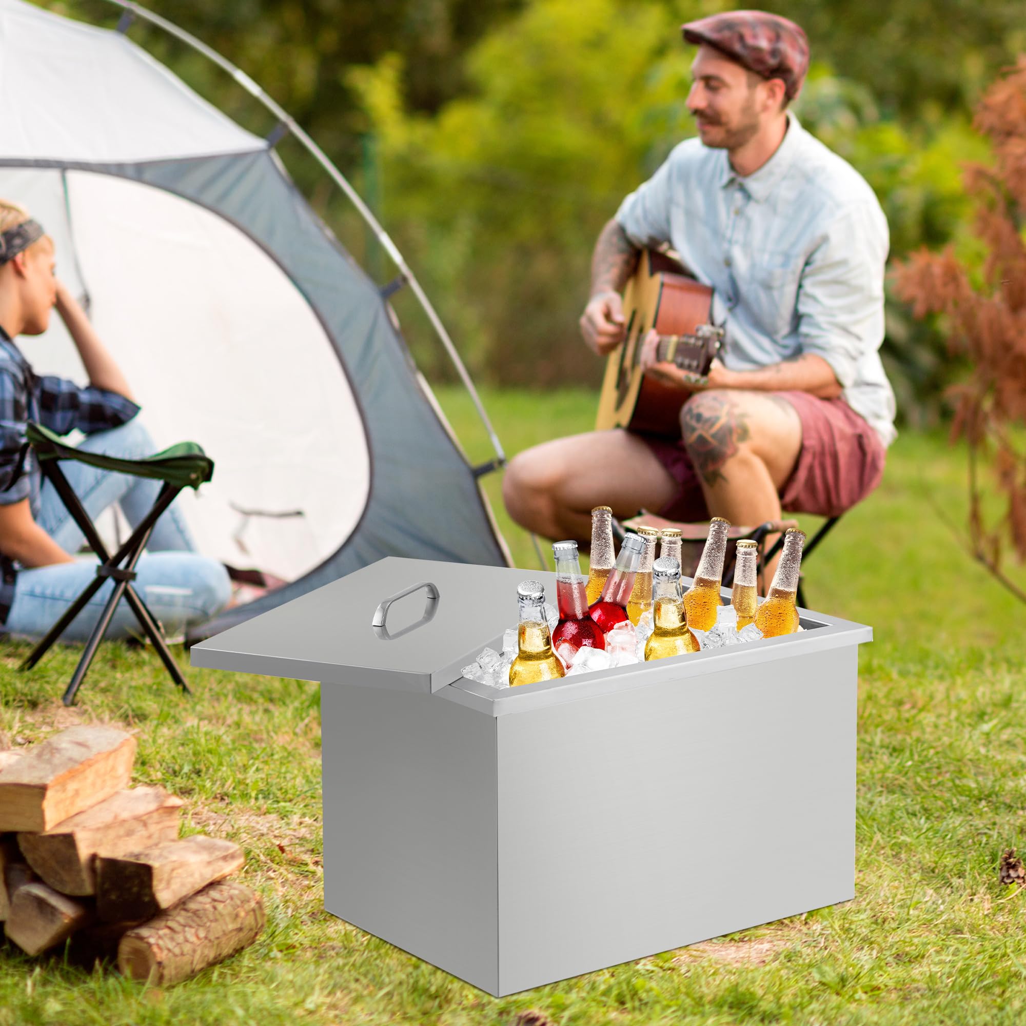Edelstahl Einbau-Eisbox 51 × 33 × 31 für Outdoor-Küche & Party, Ablaufrohr & Stöpsel, Ideal zur Kühlung von Eis, Getränken, Wein & Bier, Tragbarer Deckel, Silber