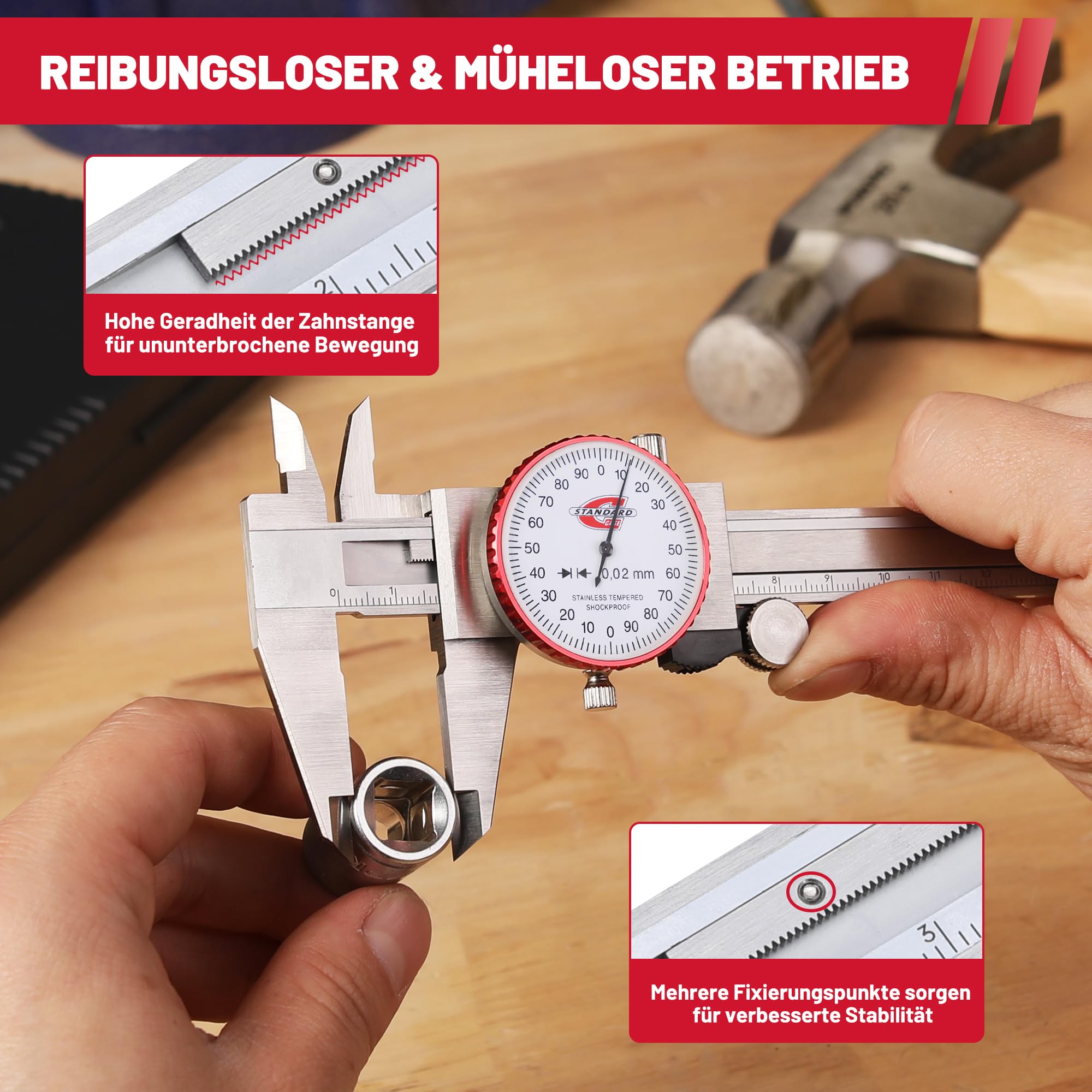 Messschieber mit Uhr 150mm, Metrischer Uhrenmessschieber, Ablesung 0,02 mm, Stoßfestes Zifferblatt Messschieber mit 4-Wege-Messungen, Hochpräziser Messwerkzeug für Messinstrument, DIY