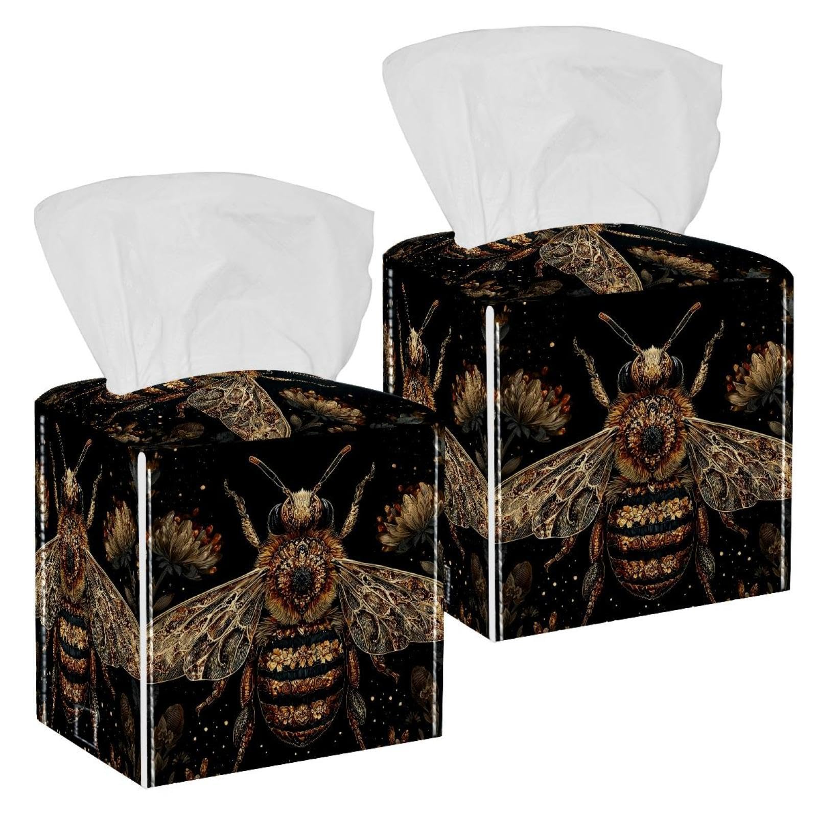 Golden Bee Tissue Box Cover, 2 Pack PU Leather Square Facial Tissue Dispenser Box holder for Home Office Car