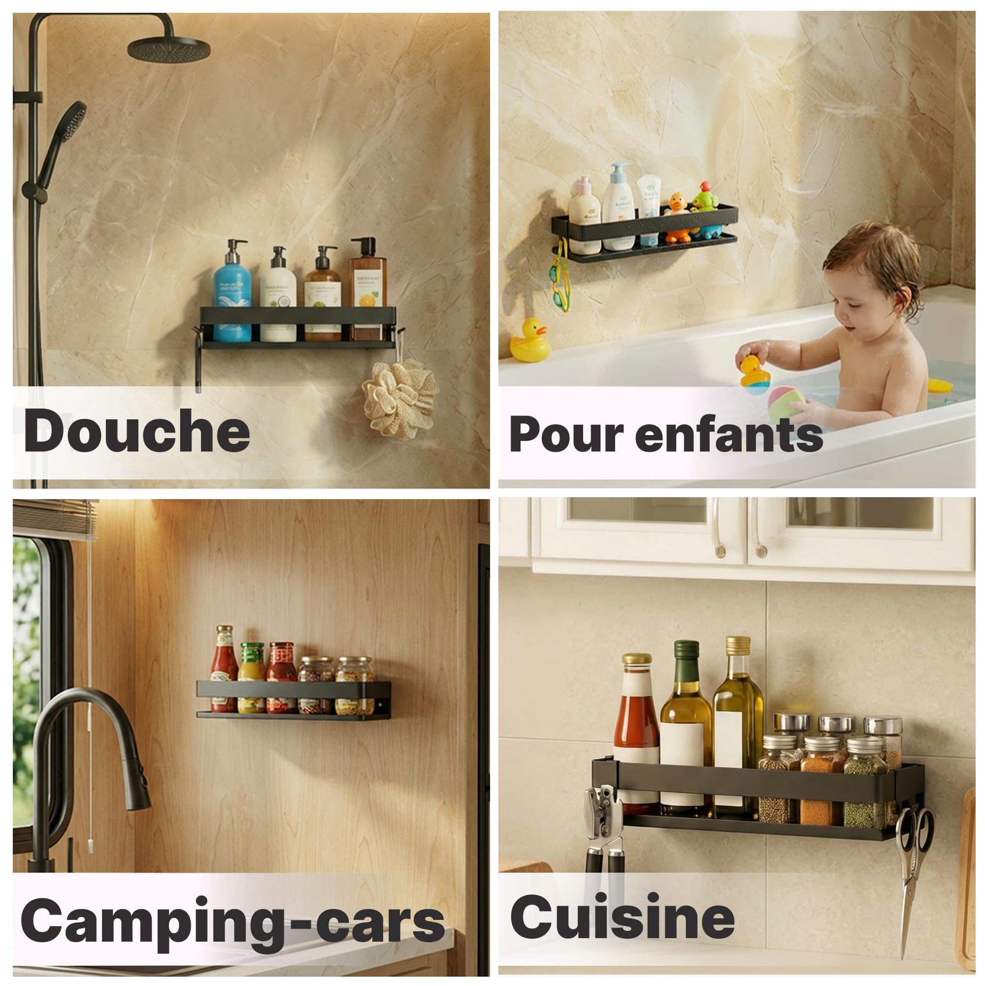 Minismus etagere douche sans percage, avec crochets mobiles et barre de securite, pour accessoires de salle de bain, adhesif ou a visser, etagere salle de bain durable, porte savon douche étagère