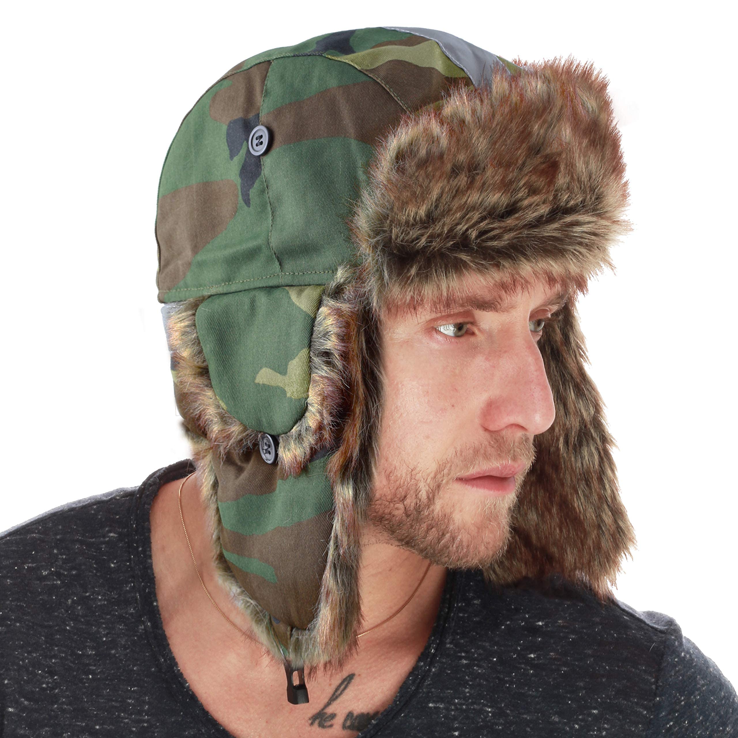 The Hat DepotWinter Bomber Safety Reflective Faux Fur Aviator Kids & Adult Trapper Hat Snow Ski Trooper Hat