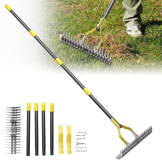 Thatch Rake, 70 inch Heavy Duty Dethatcher Rake Adjustable Dethatching for Loosening Soil Gathering for Leaves Leveling Lawn Farming Land Cleaning Dead Grass Yard Garden