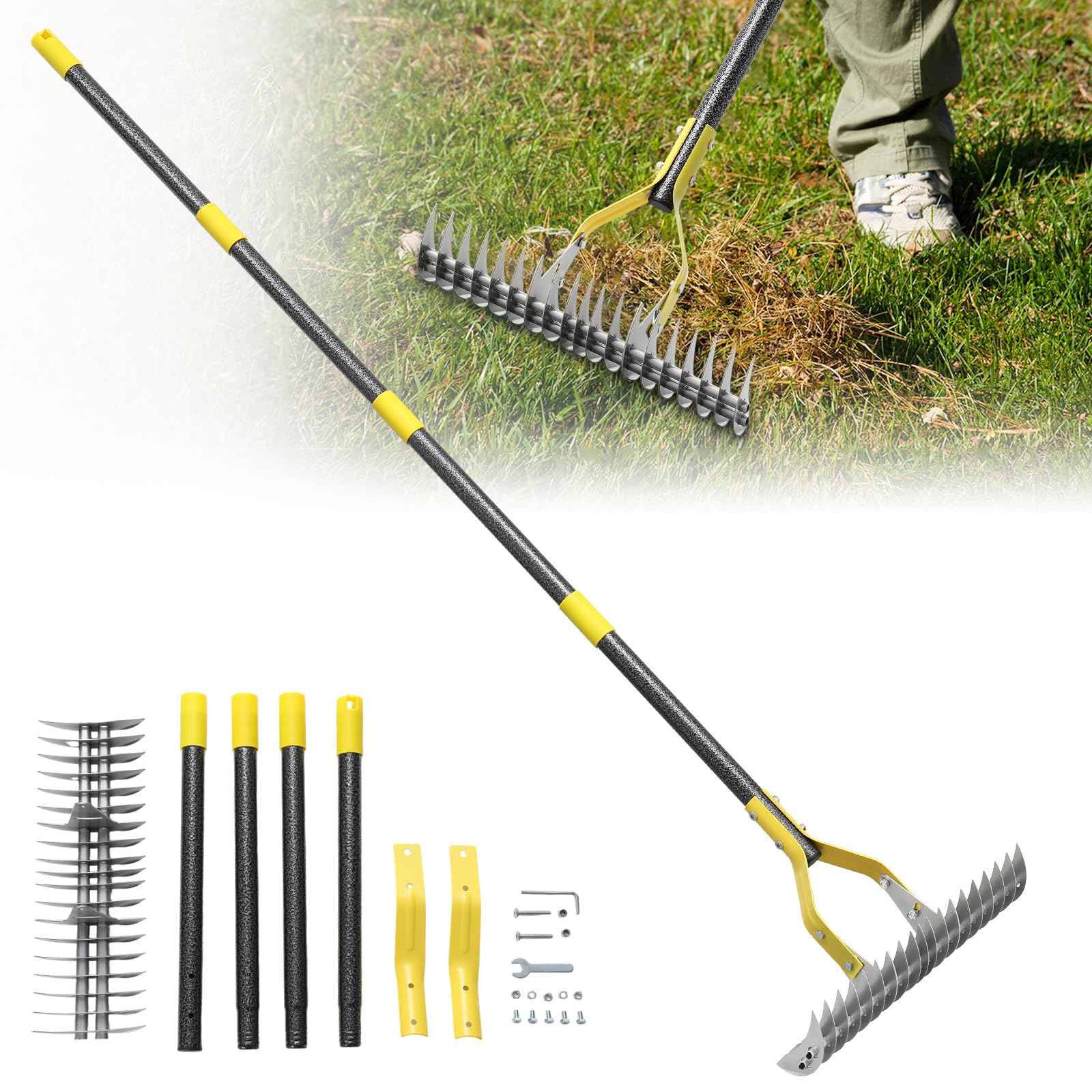 Rastrello per paglia da 140 cm, resistente, regolabile, per allentare il terreno, per livellare foglie, prato, agricoltura, pulizia del terreno, erba morta, cortile, giardino