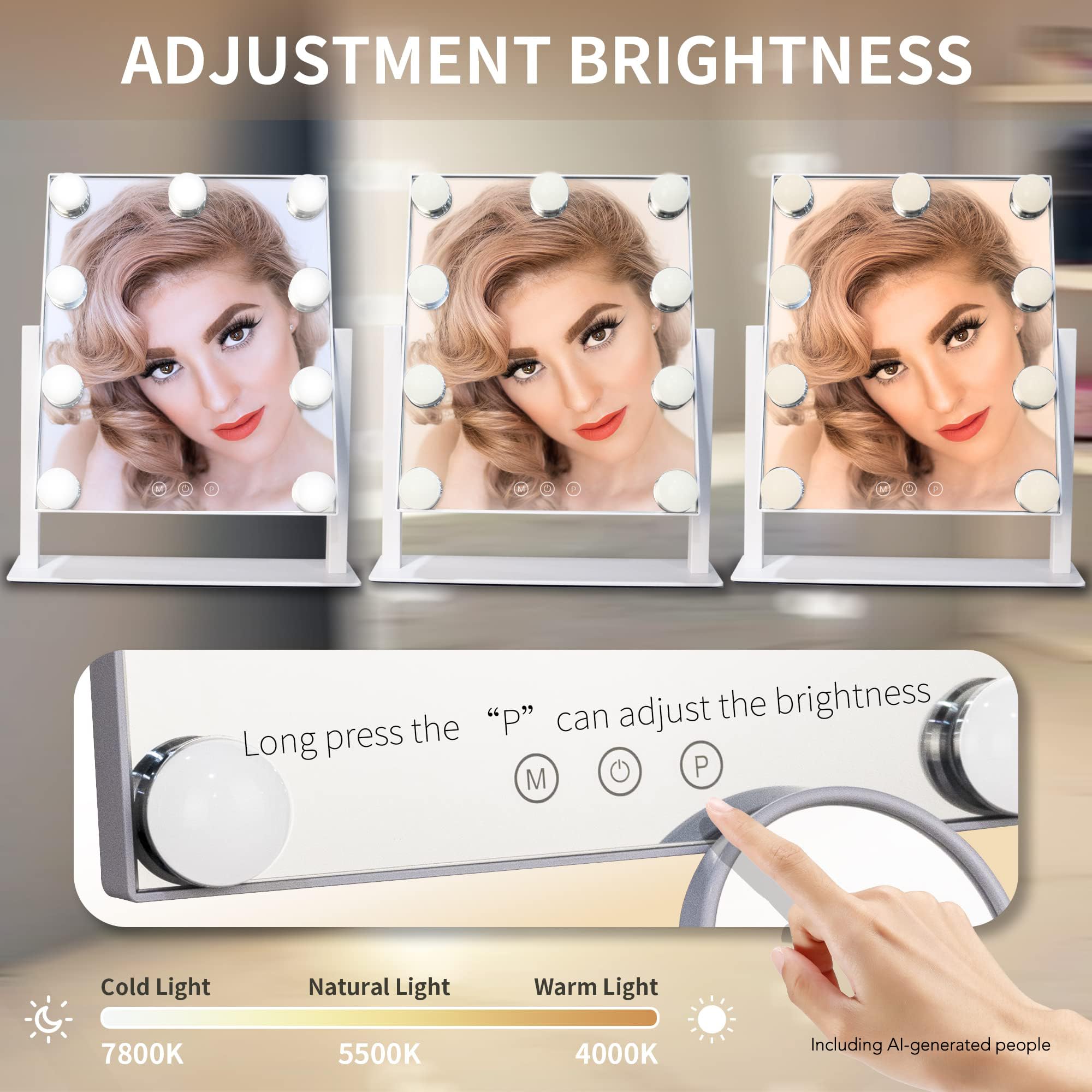 Specchio cosmetico Hollywood con luci, 9 lampadine LED dimmerabili, specchio per il trucco con specchio rimovibile con ingrandimento 10x, ricaricabile da 1200 mAh, luci a 3 colori, regalo per donne