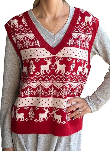 JULYCLO Chalecos de Navidad para mujer, suéter feo de Navidad, de punto con reno, informal, sin mangas, sin mangas