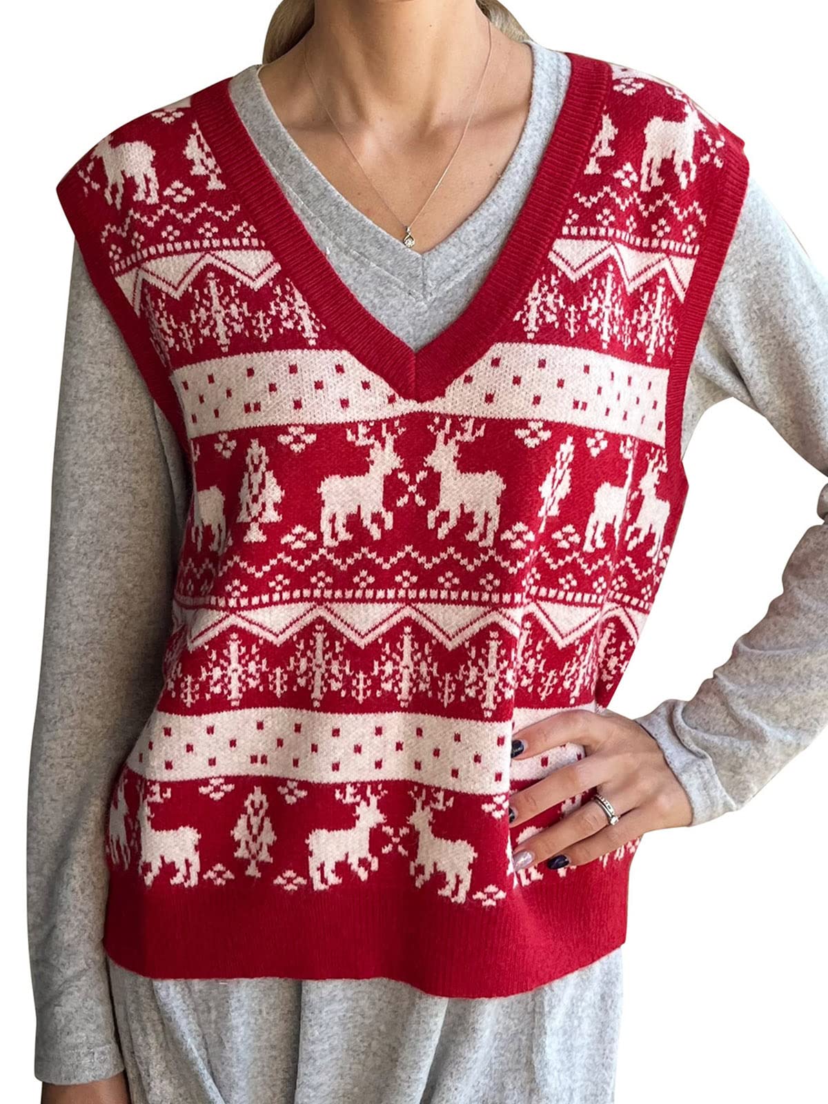 JULYCLO Christmas Sweater Vest Women Ugly Xmas Reindeer Knit Sweaters Casual Santa Snowflake V Neck Sleeveless Outwear Tops