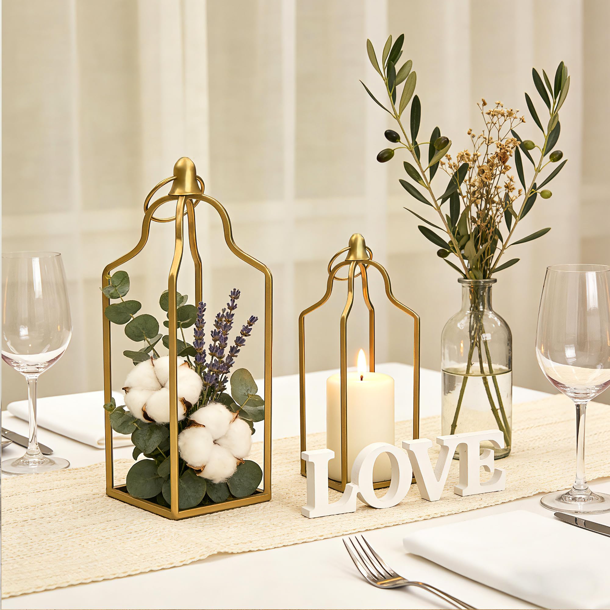 Lot de 2 lanternes décoratives en métal rustique pour maison, intérieur et extérieur, salon, cheminée, terrasse, mariage et centres de table de cuisine (doré, 36,8 x 31 cm)