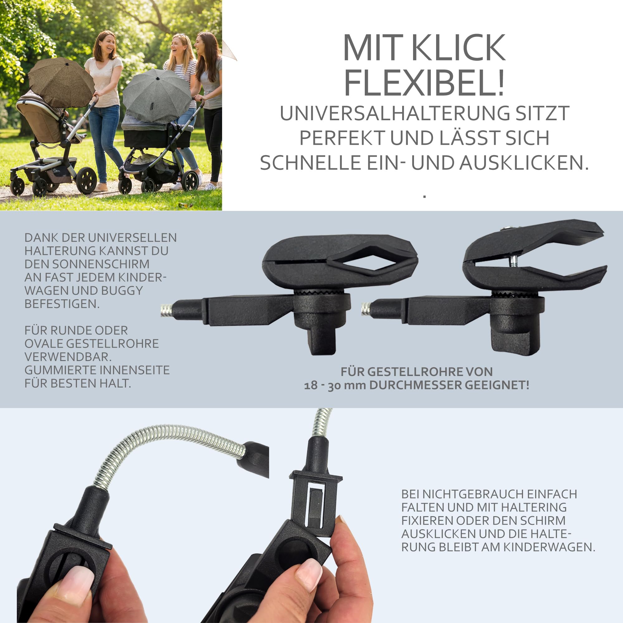 Sonnenschutz universal [Sonnenschirm für Kinderwagen] Buggy UV Schutz 50+ mit Universalhalterung biegsamer Schirm für Rund- und Ovalrohre verstellbar (meliert beige)