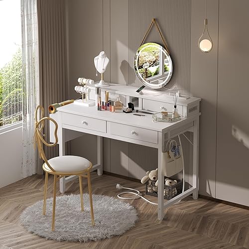 Miniatura 4 de Lufeiya Escritorio pequeño blanco para niños con cajones de tela para dormitorio, tocador de maquillaje de 32 pulgadas con cajones de almacenamiento