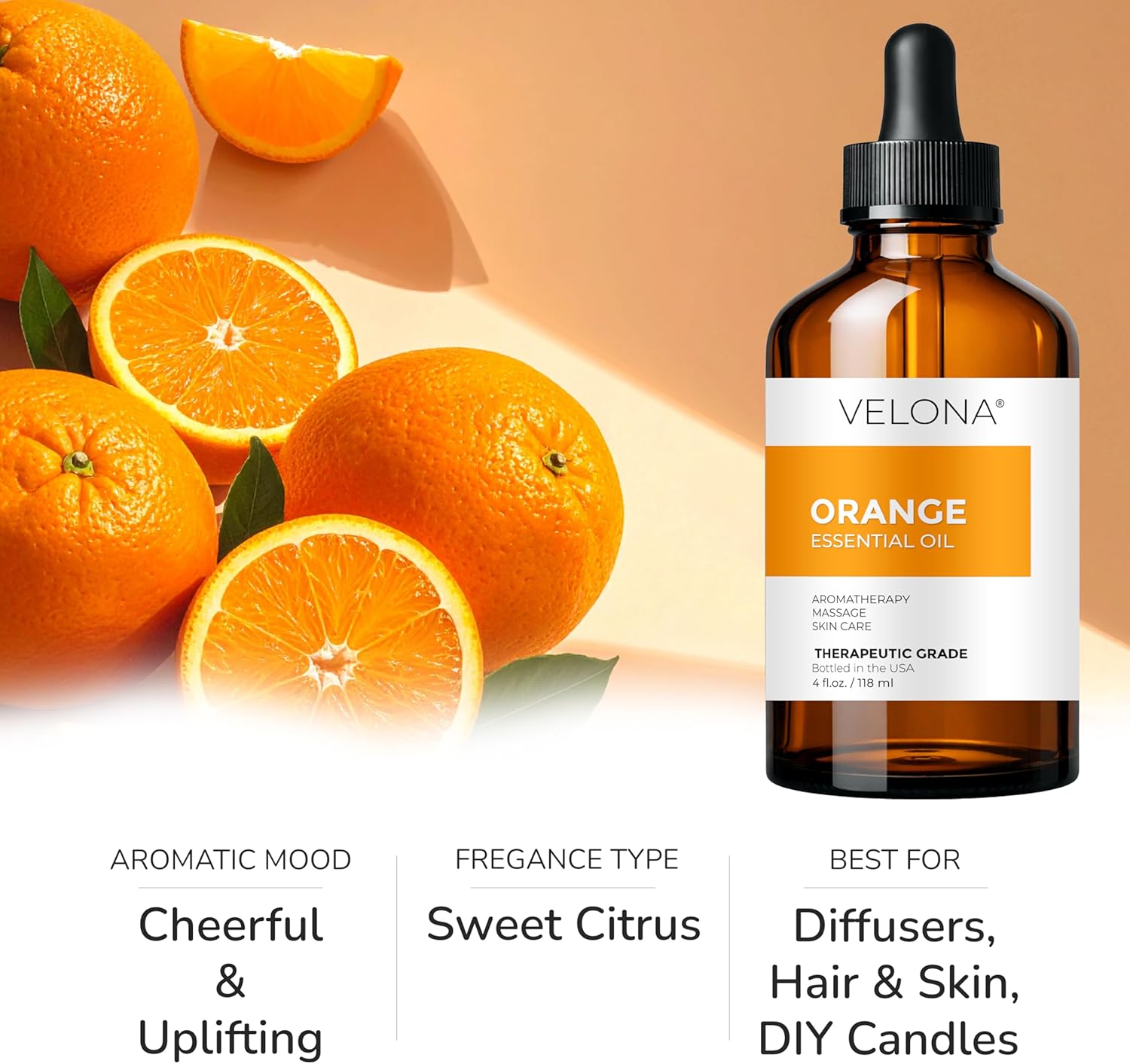 Orange Essential Oil by Velona - 32 Fl Oz | Therapeutic Grade | for Aromatherapy Diffuser, Massage, Skincare, Haircare, Soapmaking | Undiluted